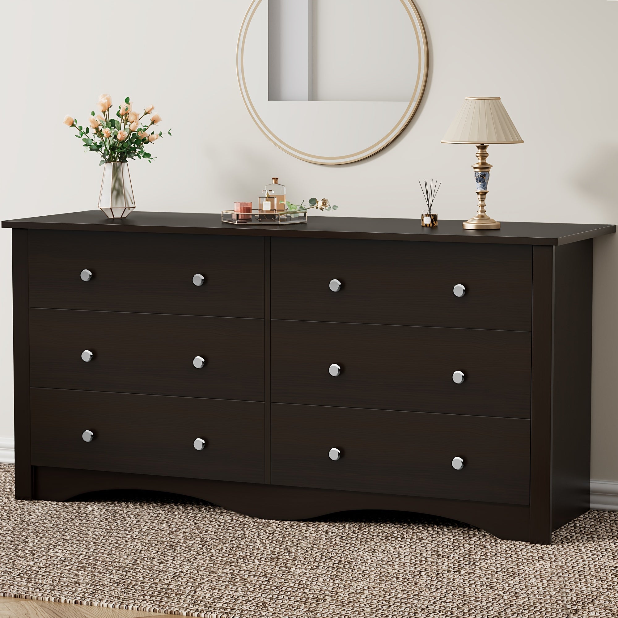 6 Drawer Double Dresser Modern Wood Chest of Drawer for Living Room Bedroom