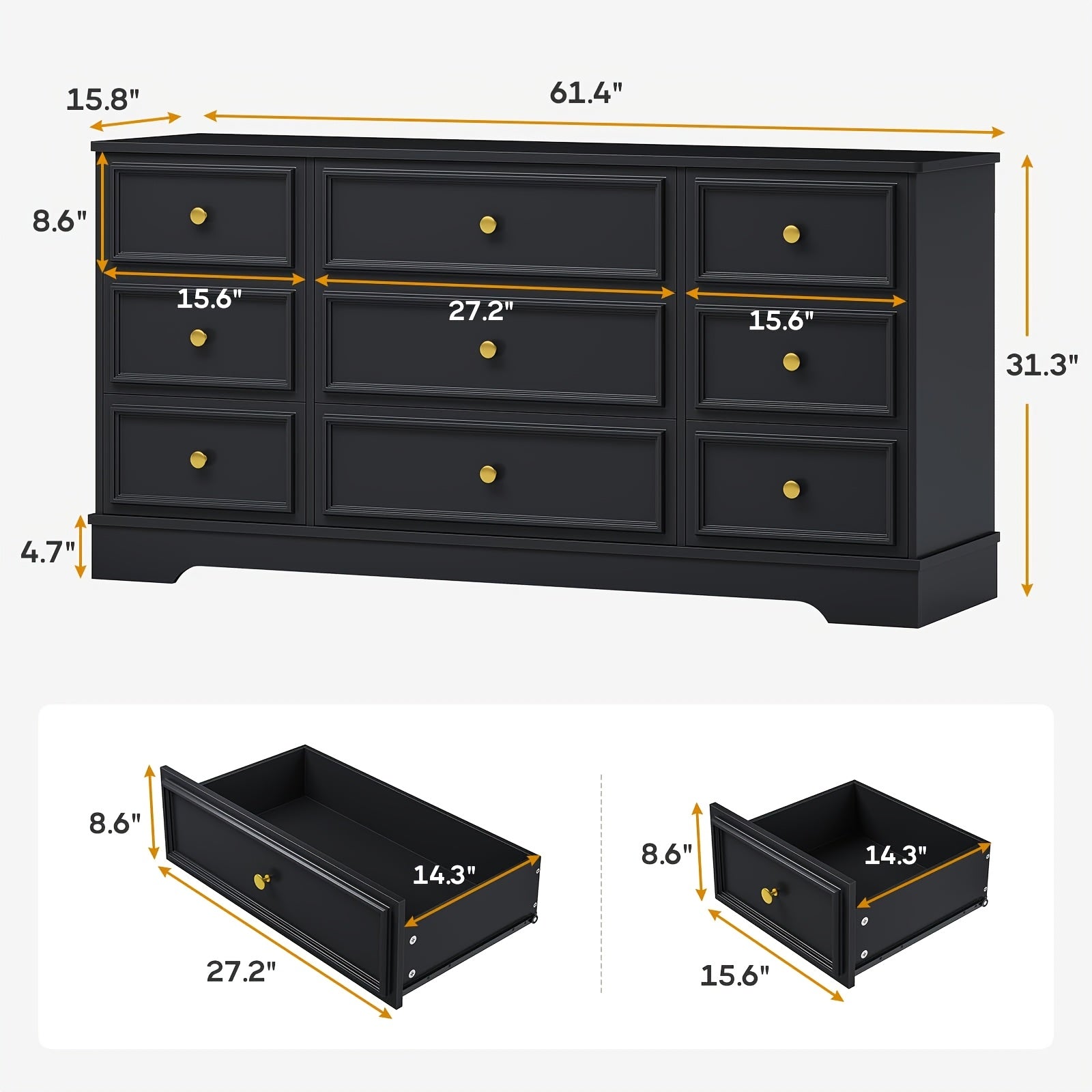 Large 9 Drawer Dresser for Bedroom, 155cm Long Modern Chest Of Drawers, Wide Dressing Wardrobe, Bedroom Furniture Organizer