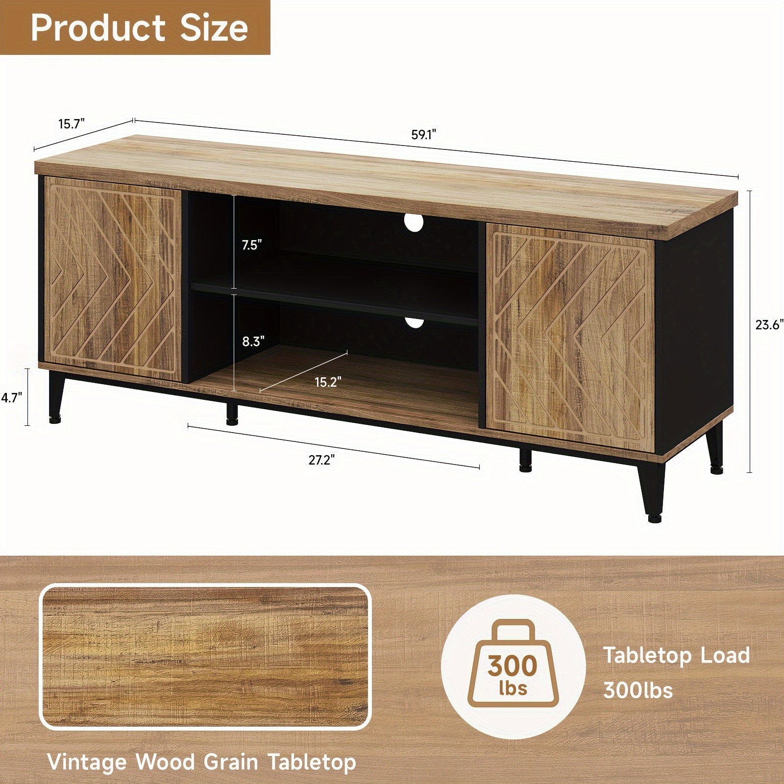 Mid-Century Modern TV Stand for 65" TV - Sleek Wooden Console with Storage, Freestanding Design, Under 69cm Tall