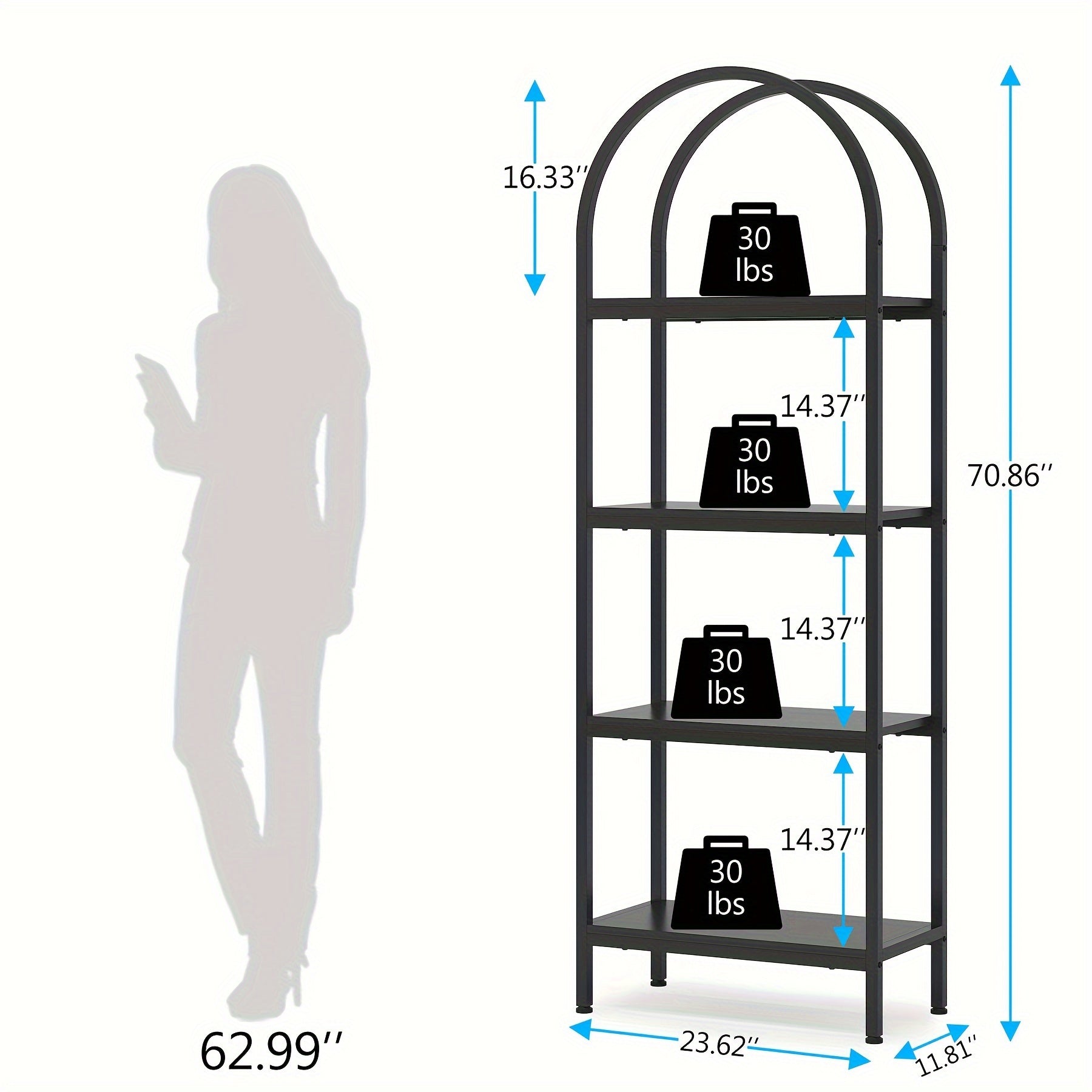 Industrial Arched 4-Tier Bookshelf: This 180cm Standing Bookcase Features A Metal Frame And Storage Shelves. It Serves As Both A Farmhouse Storage Rack And Stylish Addition To Your Living Room Or Home Office