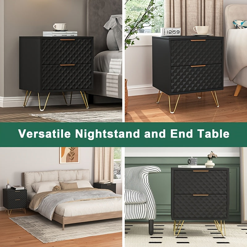 Wood Nightstand Set Of 2, Metal Feet And Handles, Double Drawers, Bedside Table, Night Stand, Side Table, Space-Saving, Easy Assembly, For Bedroom, Living Room, Apartment