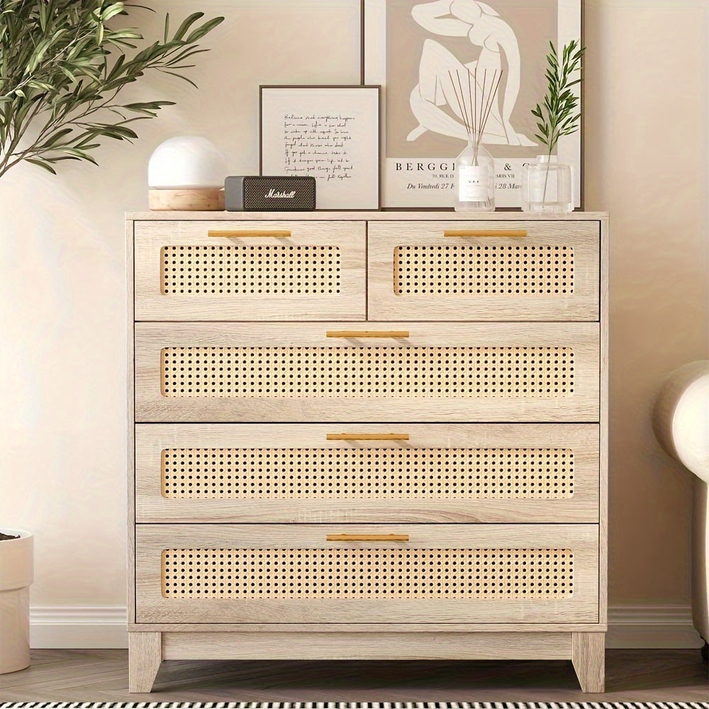 5 Drawer Chest Dresser, Rattan 5 Chest Of Drawers For Bedroom, Wood Storage Cabinet With Metal Handles, For Living Room, Nursery, Natural