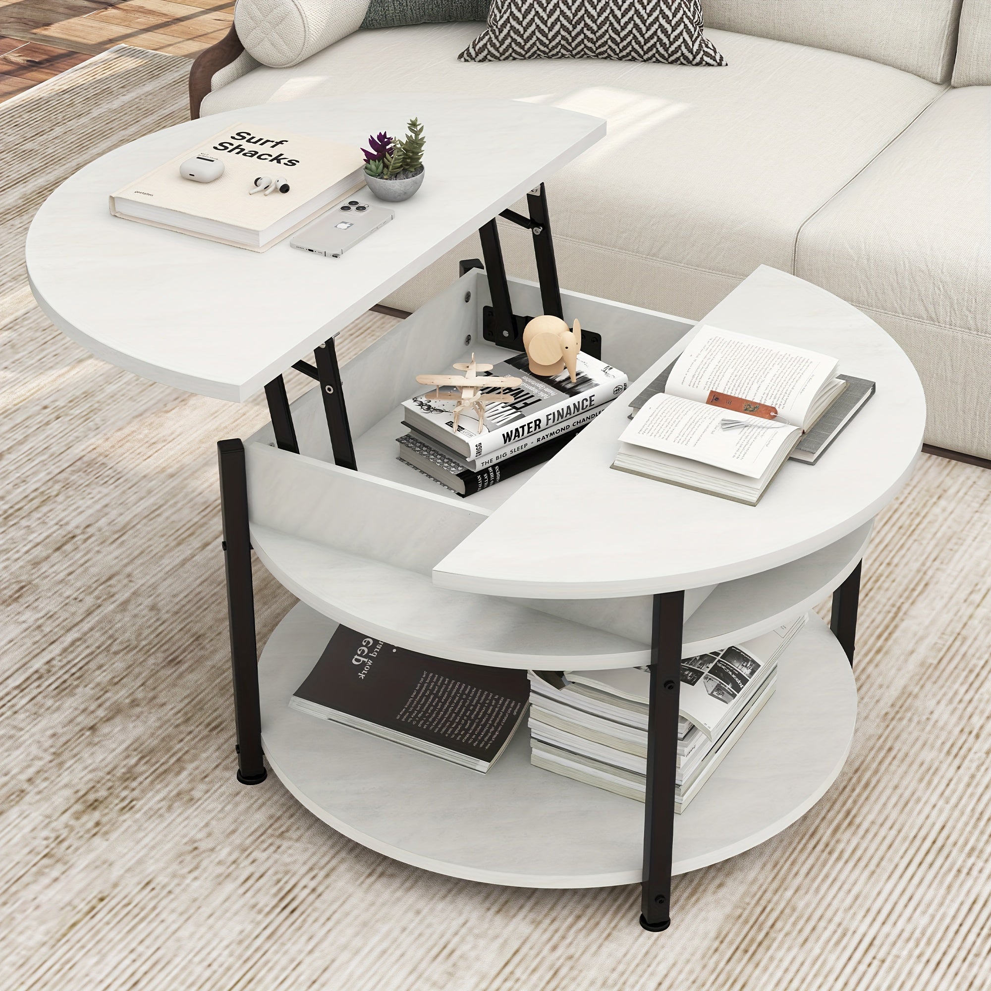 Round Coffee Table with Storage, Lift Top Coffee Table with Hidden Compartment, Modern Coffee Table for Home Office Living Room, Gray