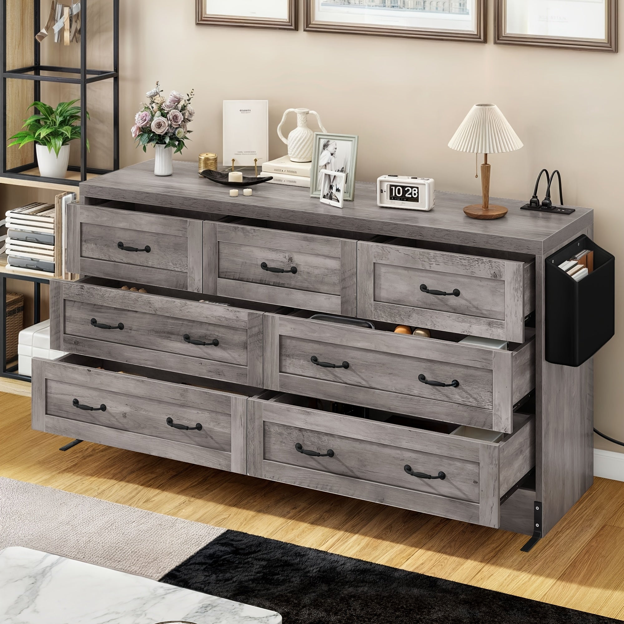 Elegant 7- Drawer Wood Dresser with Charging Station: Versatile Storage Cabinet for Bedroom, Entryway, and Living Room