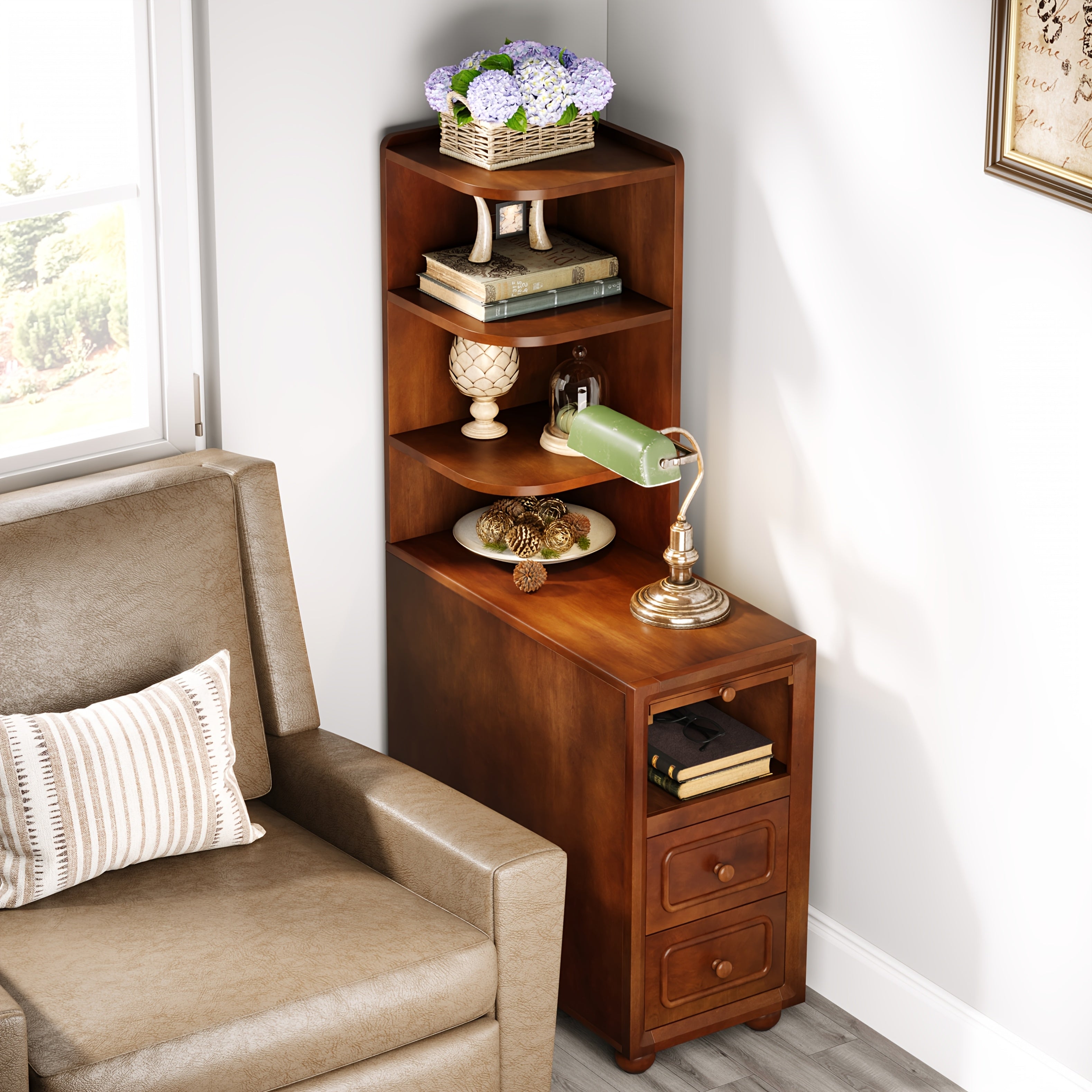 Solid Wood End Table With Drawers And Corner Shelves, Nightstand With Durable And Sturdy Construction, Slim Mid-Century Design Perfect For Small Spaces In Living Room Or Bedroom