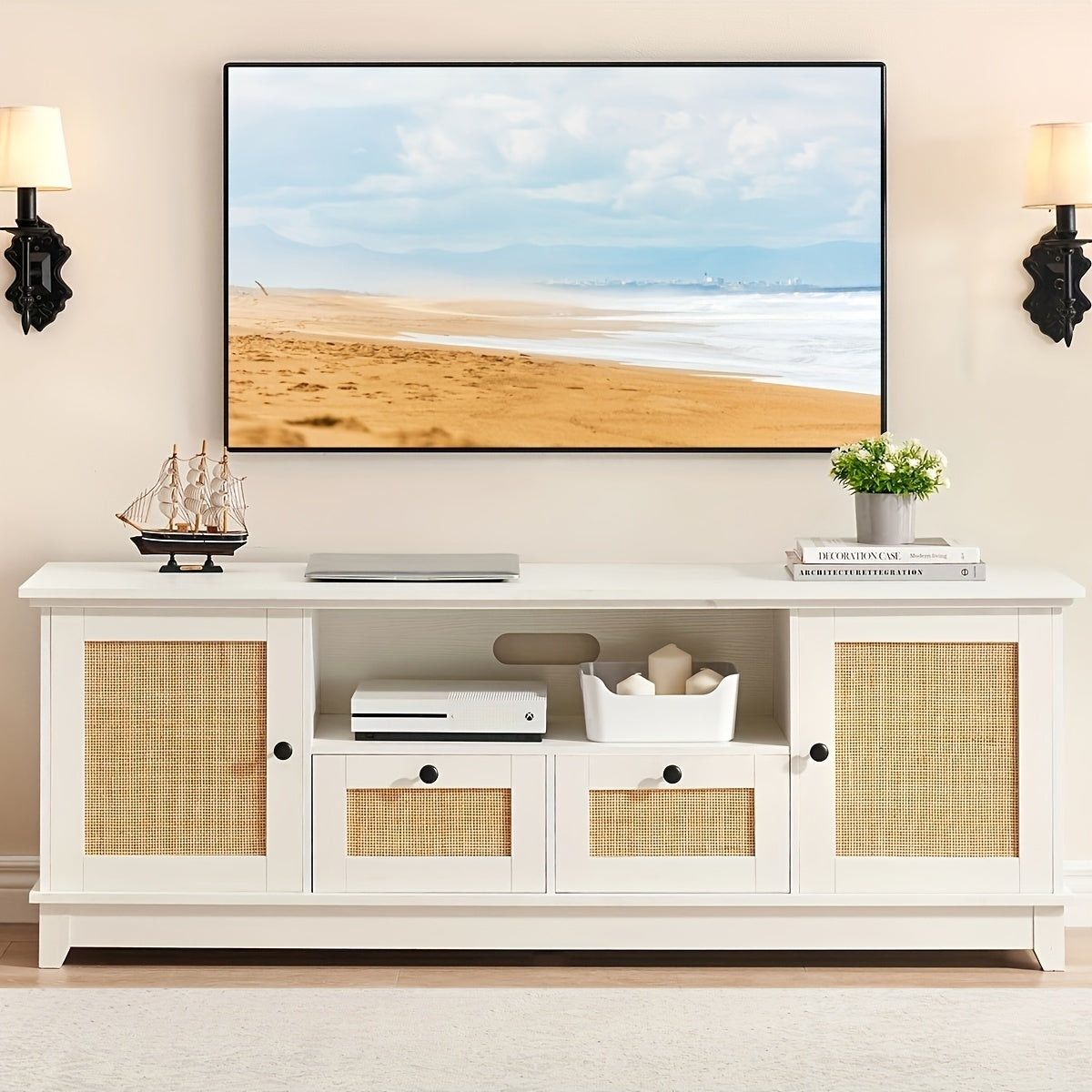 TV stand suitable for TVs over 65 inches, Rattan Entertainment Center TV Media Console Table, Modern TV stand with storage doors and mesh doors, Living Room TV Cabinet Furniture (White tabletop).