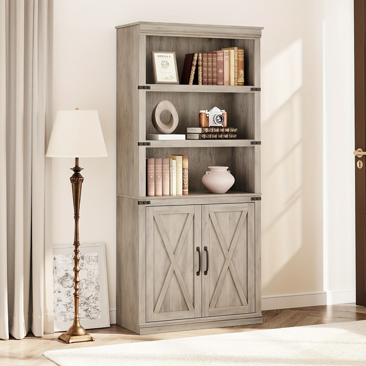 5 Tier Bookshelf With Storage, Farmhouse Bookcases With Doors, 712.9"D X 31.5"W X 68.7"H Bookshelf And Bookcase, Storage Cabinet For Living Room, Home, Office, Bedroom