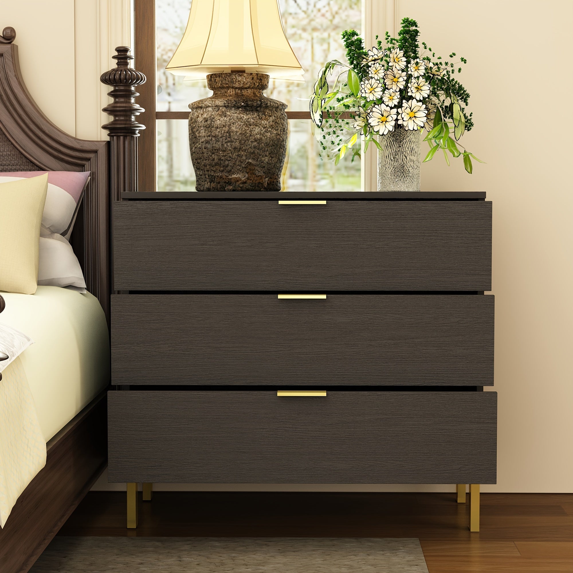 Modern Elegance Three-Drawer Nightstand With Gold Accents