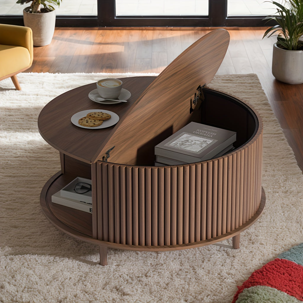 Round Coffee Table With Storage, Mid Century Modern Coffee Table With Sliding Cabinet Door, Coffee Table For Living Room, 31.5" Small Center Table (Walnut)