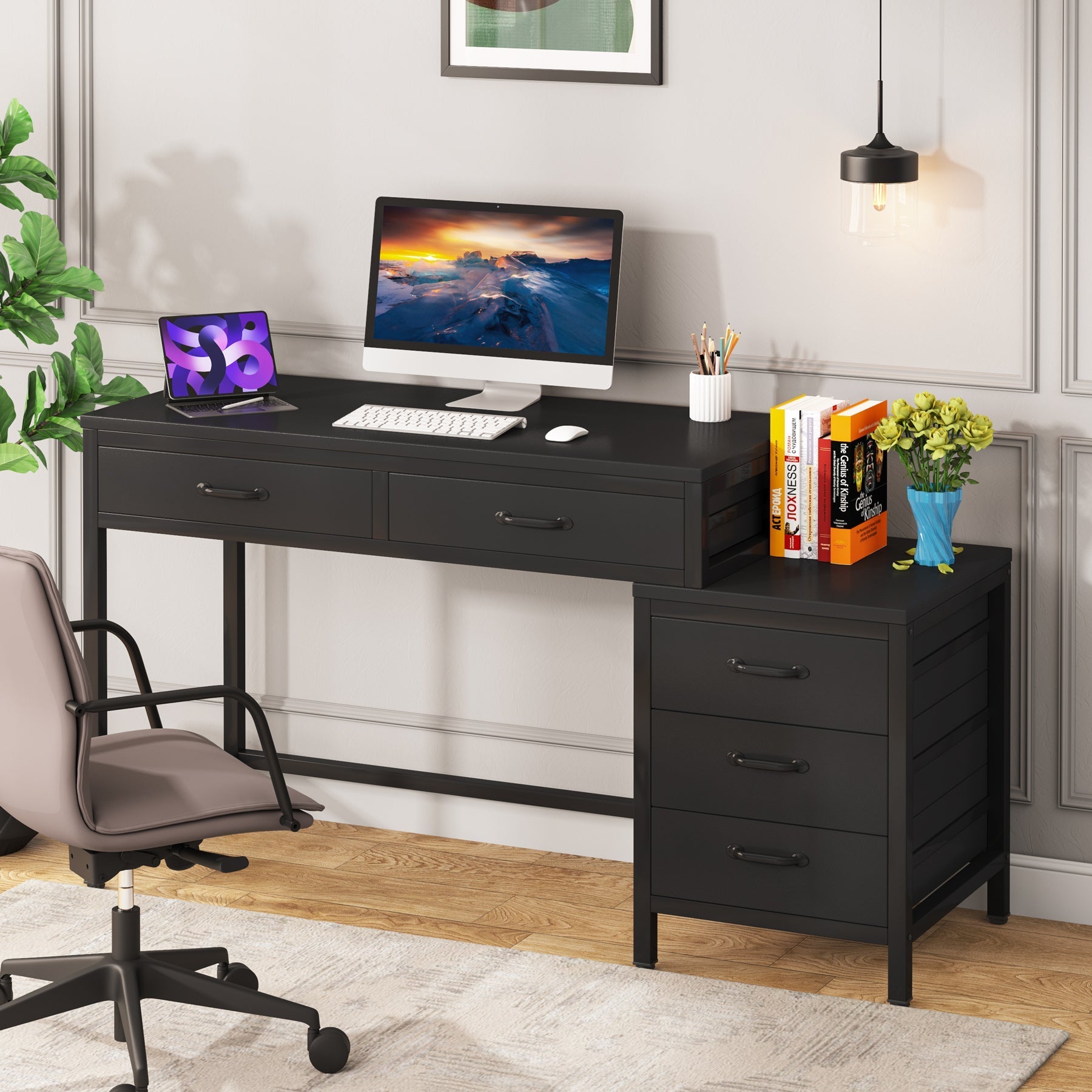 5-Drawer Computer Desk, Study Writing Table with Reversible Drawer Cabinet (Approx. 127 cm)