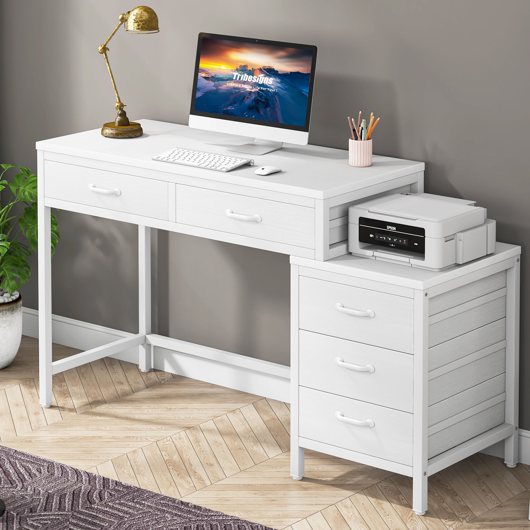 5-Drawer Computer Desk, Study Writing Table with Reversible Drawer Cabinet (Approx. 127 cm)