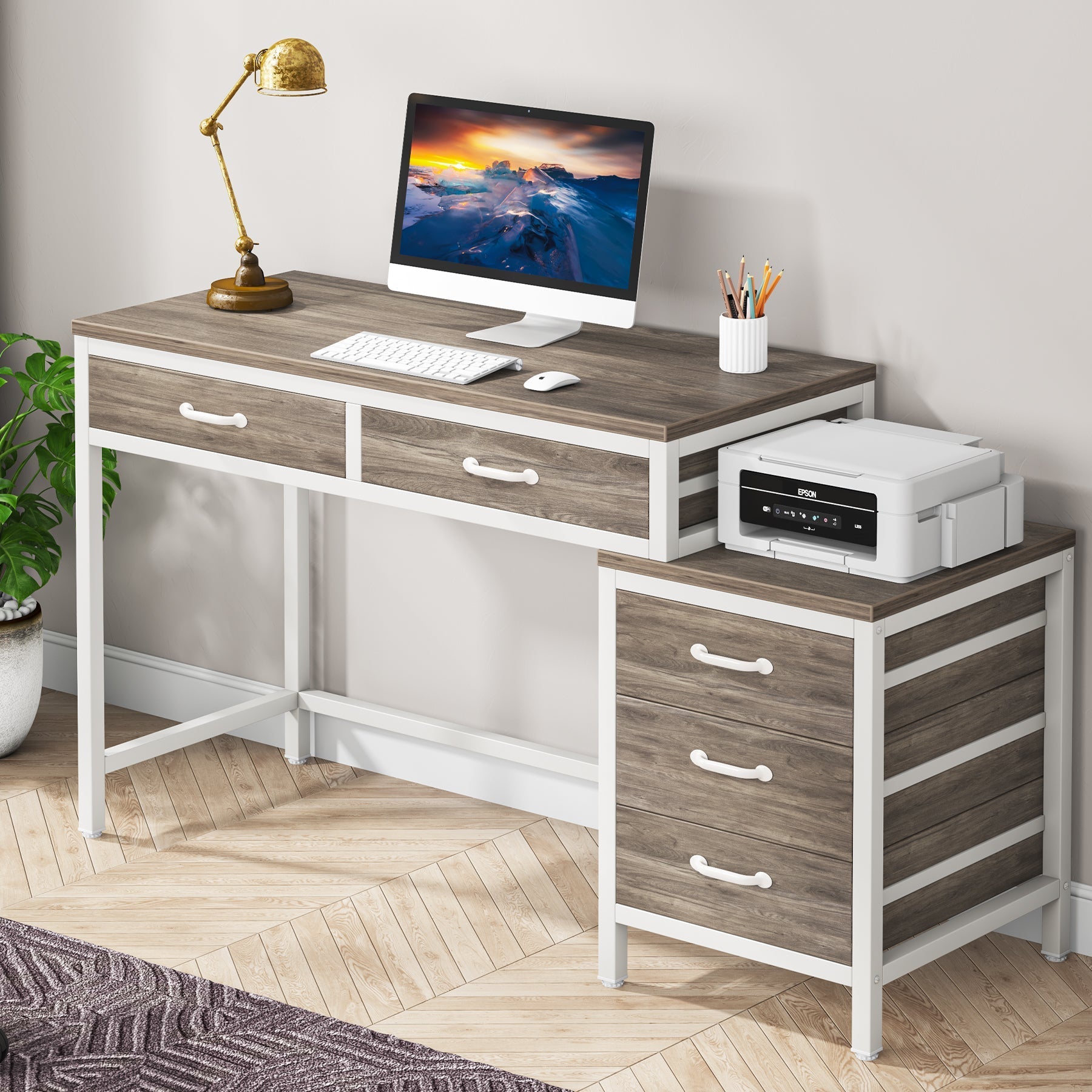 5-Drawer Computer Desk, Study Writing Table with Reversible Drawer Cabinet (Approx. 127 cm)