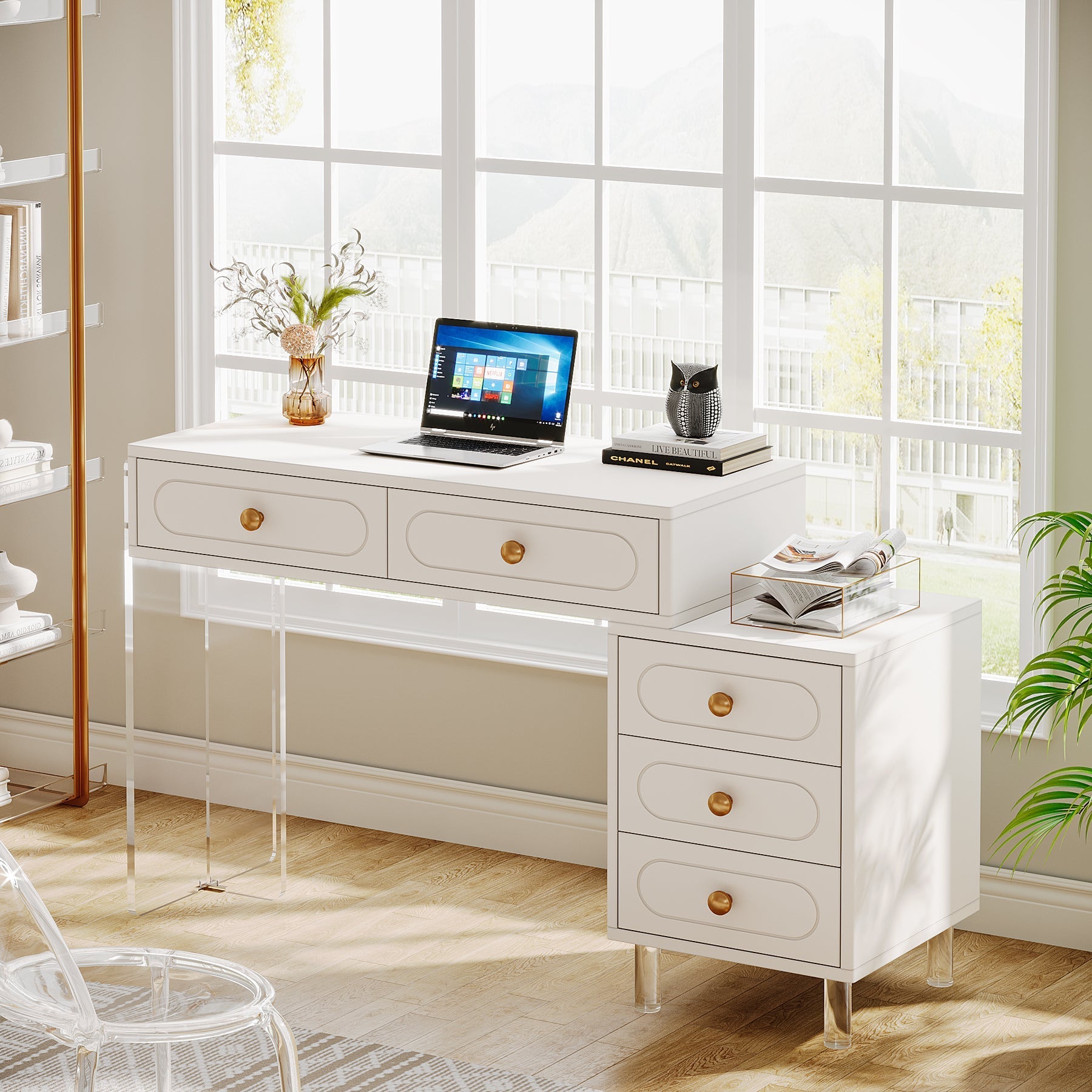 5-Drawer Computer Desk with Transparent Acrylic Base and Legs (Converted to cm)