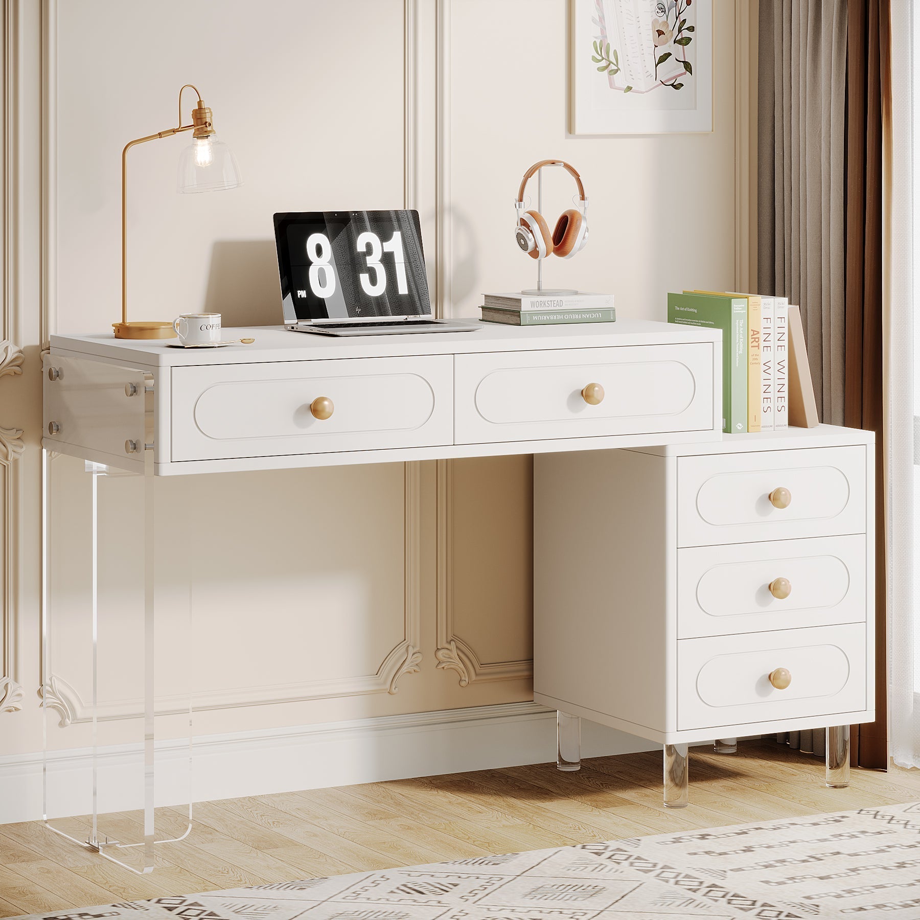 5-Drawer Computer Desk with Transparent Acrylic Base and Legs (Converted to cm)