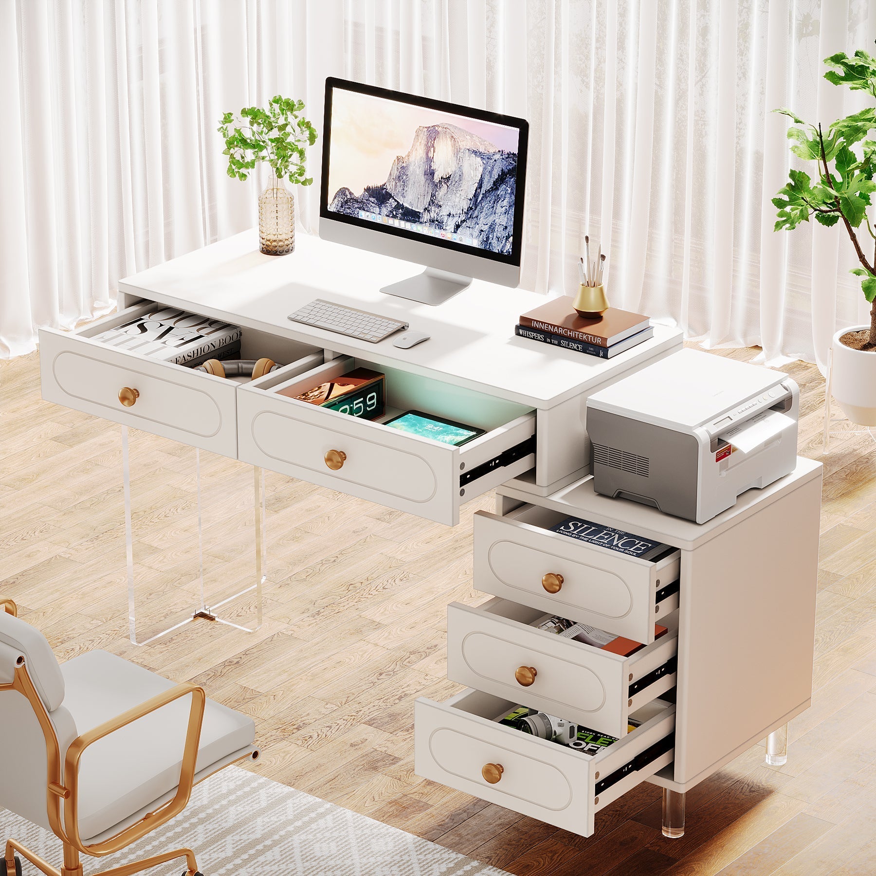 5-Drawer Computer Desk with Transparent Acrylic Base and Legs (Converted to cm)