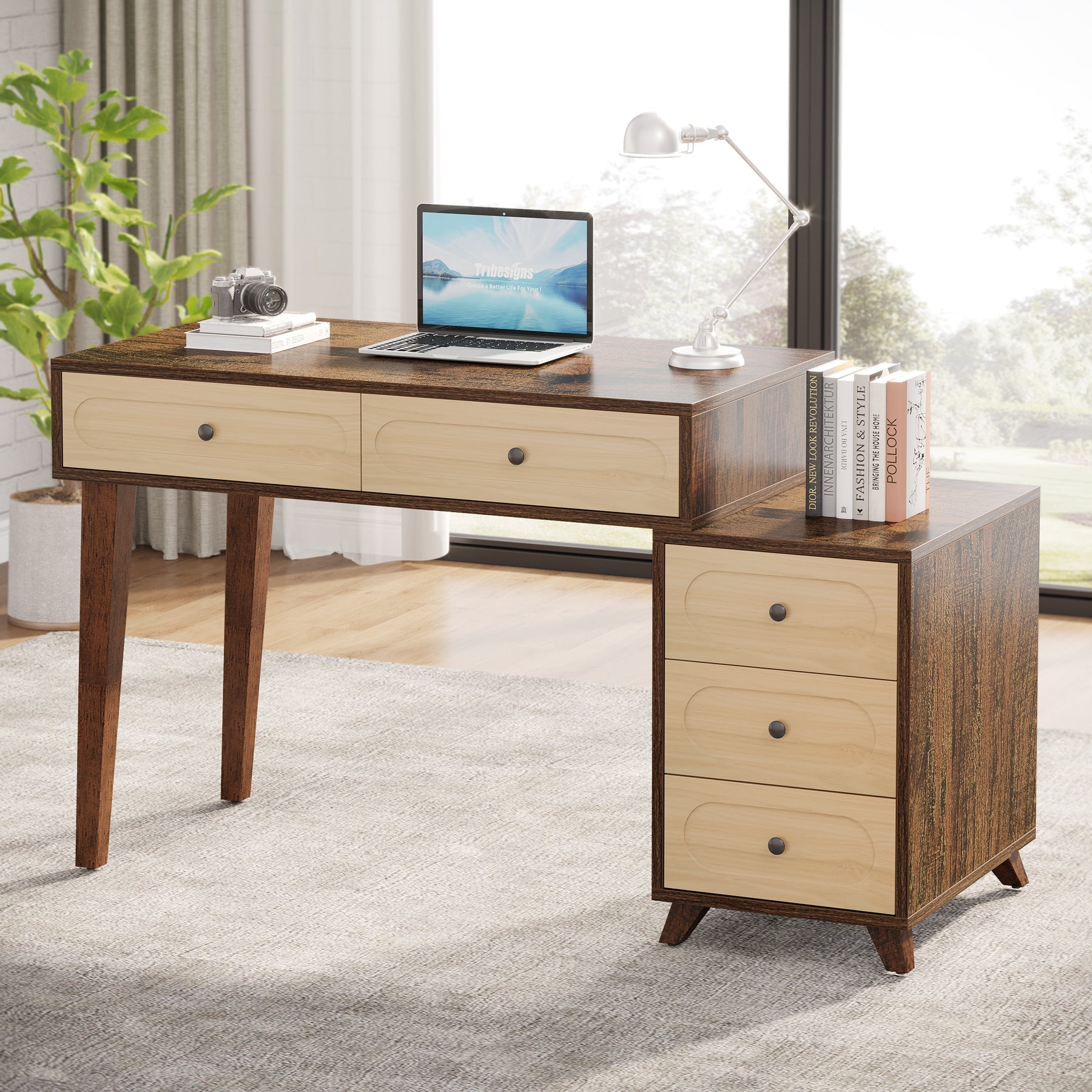 5 Drawers Computer Desk, 130 cm Study Writing Table with Reversible Drawer Cabinet