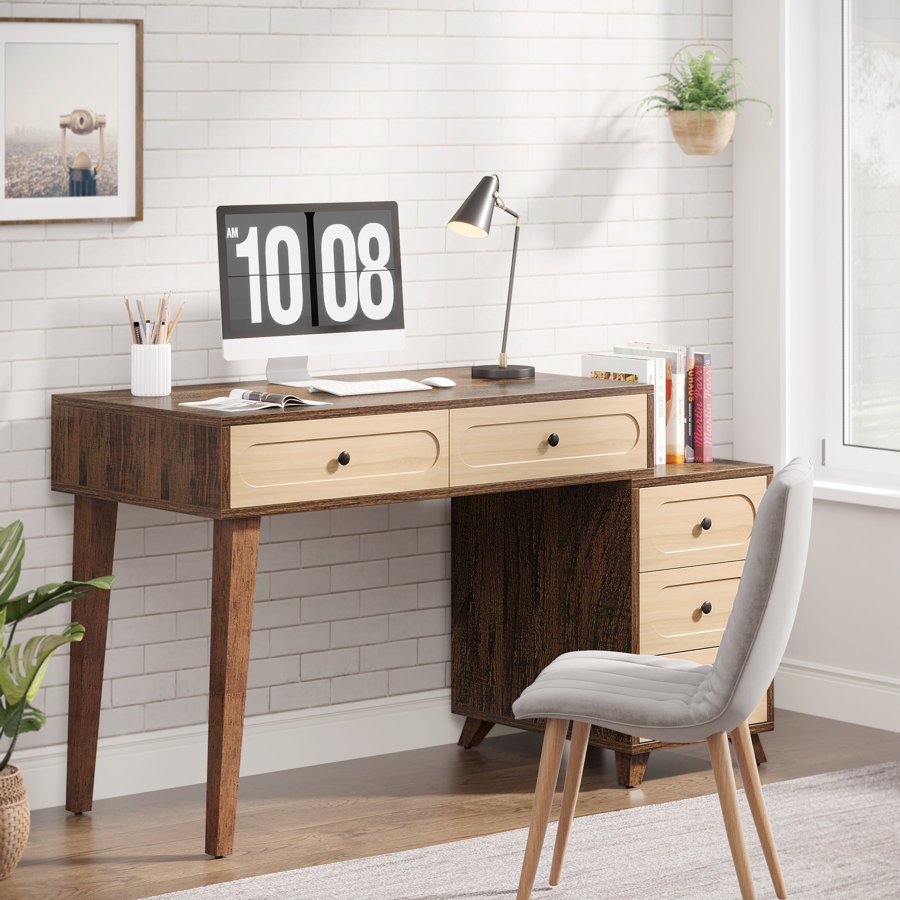 5 Drawers Computer Desk, 130 cm Study Writing Table with Reversible Drawer Cabinet