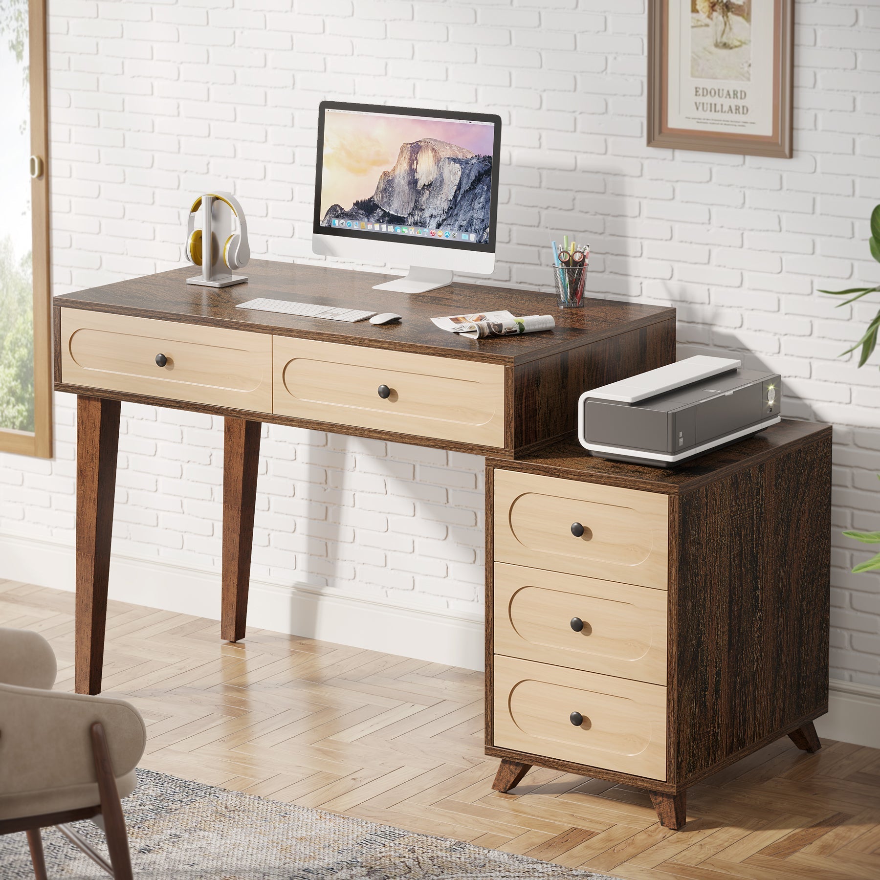 5 Drawers Computer Desk, 130 cm Study Writing Table with Reversible Drawer Cabinet