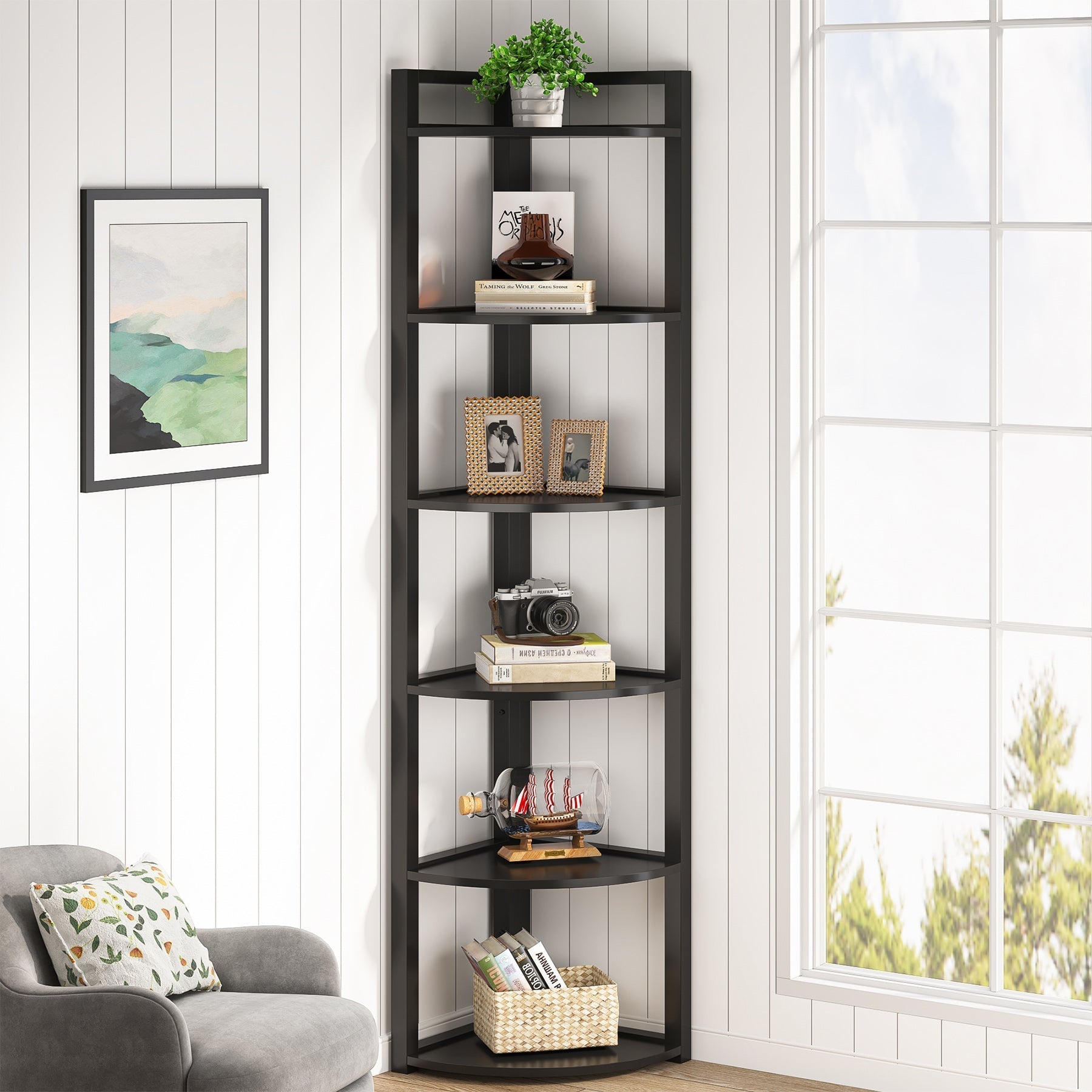 6-Tier Corner Shelf, Small Corner Bookshelf Storage Rack (Converted to cm)