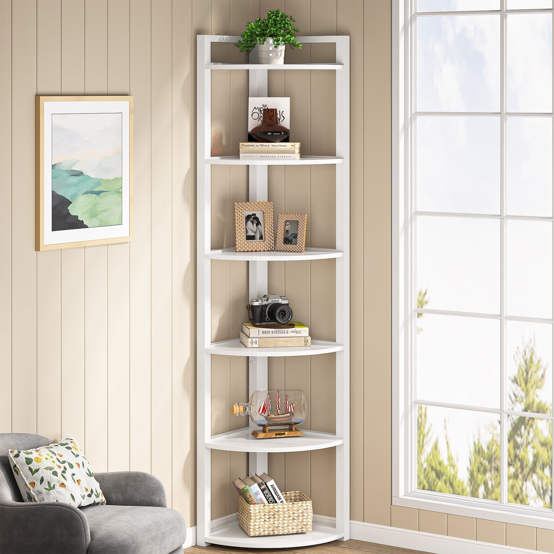 6-Tier Corner Shelf, Small Corner Bookshelf Storage Rack (Converted to cm)