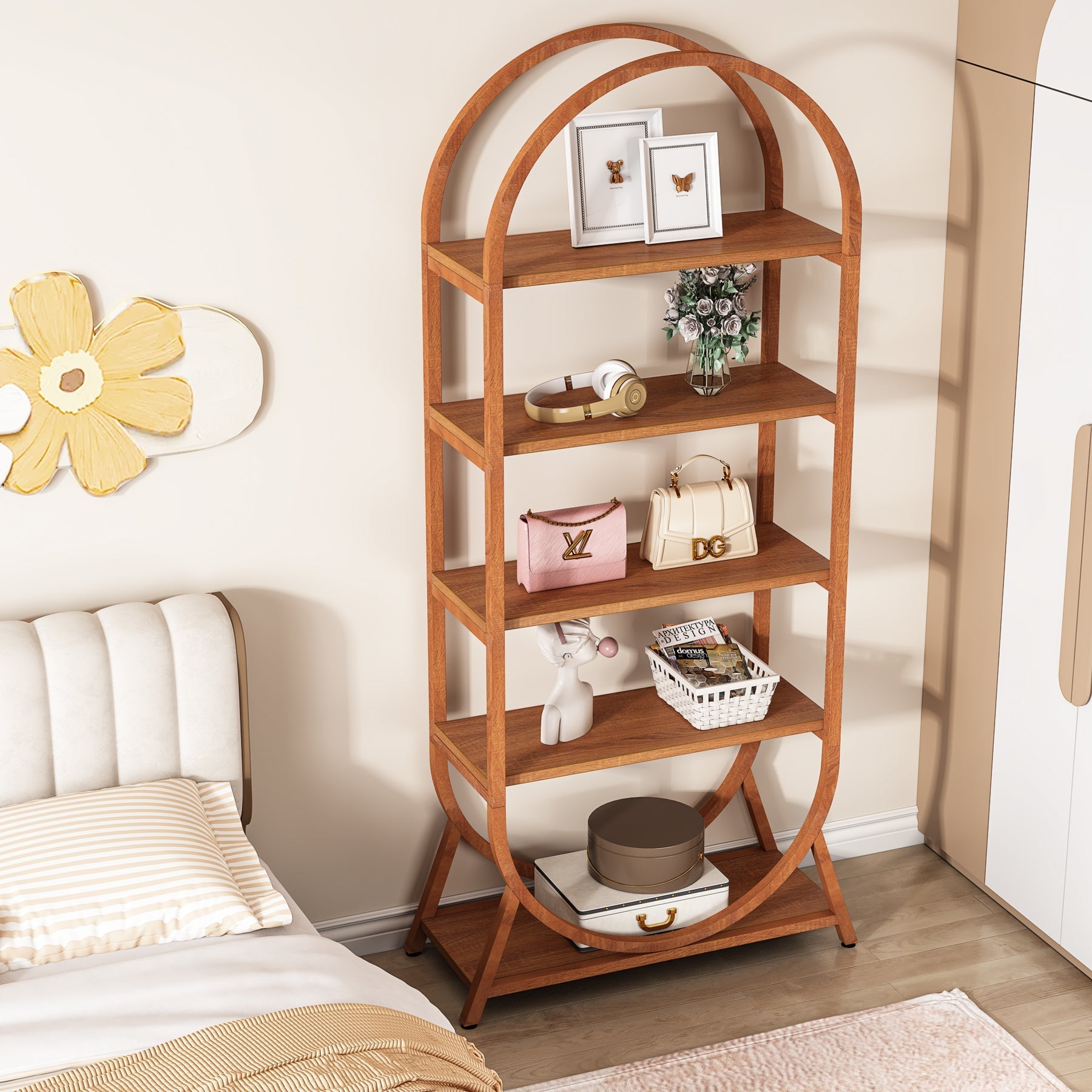 5-Tier Bookshelf, 180 cm Open Bookcase Arched Display Rack