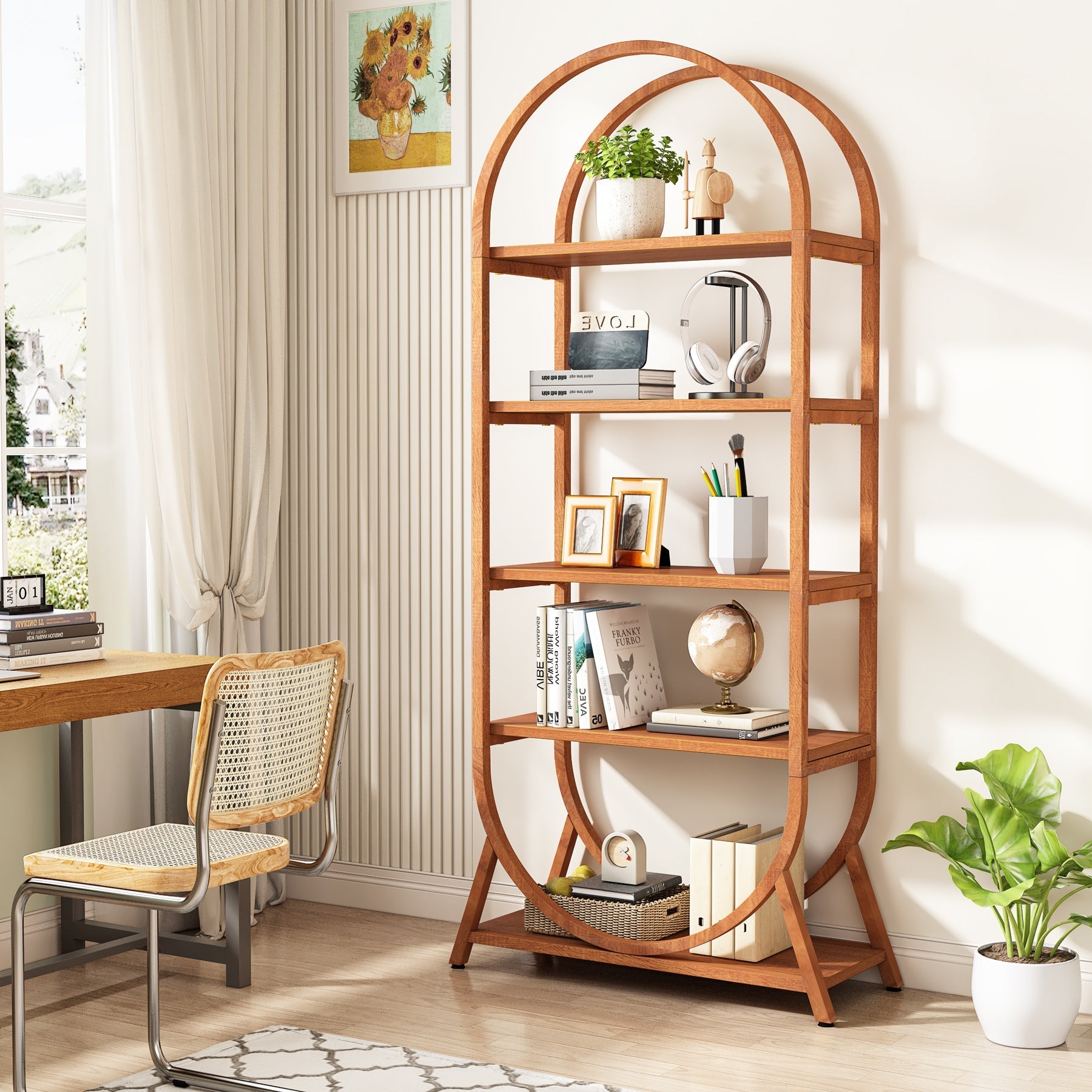 5-Tier Bookshelf, 180 cm Open Bookcase Arched Display Rack