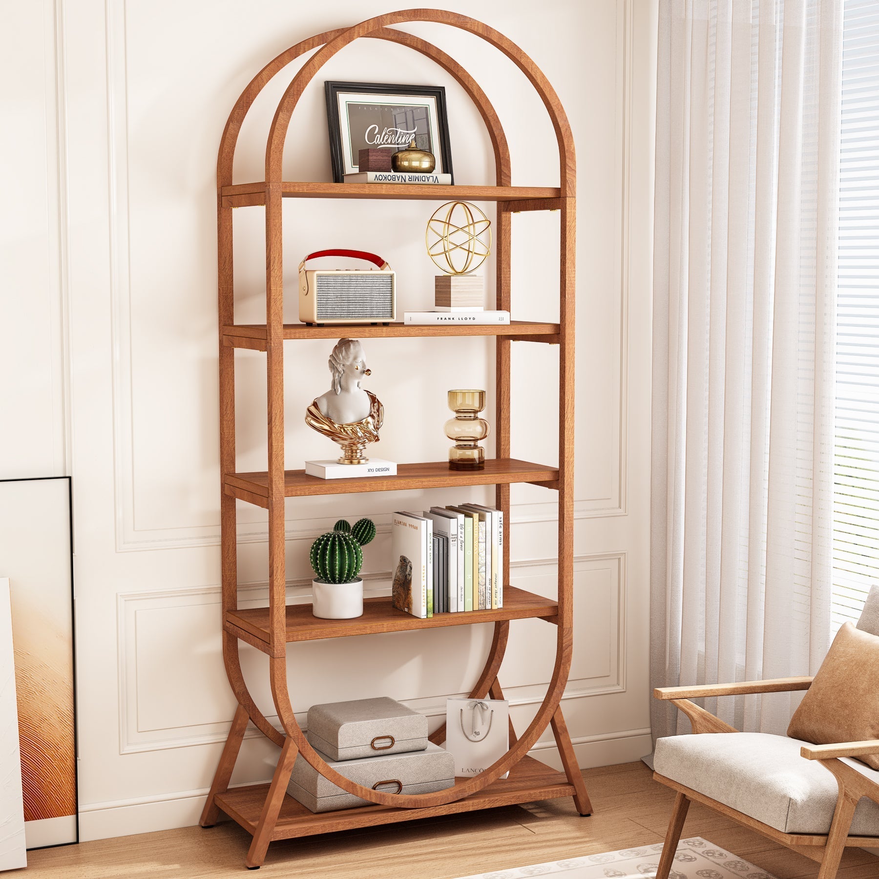 5-Tier Bookshelf, 180 cm Open Bookcase Arched Display Rack