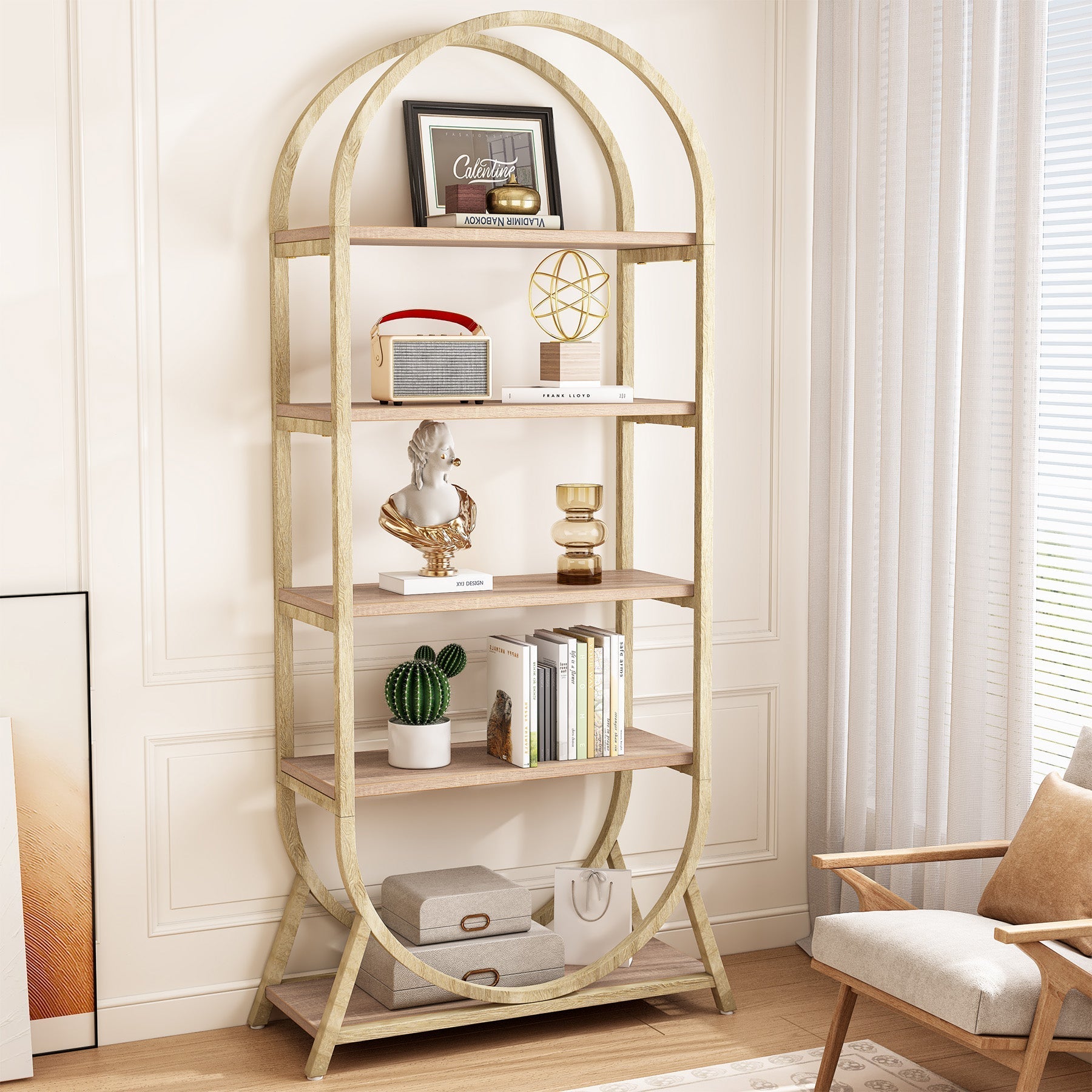 5-Tier Bookshelf, 180 cm Open Bookcase Arched Display Rack