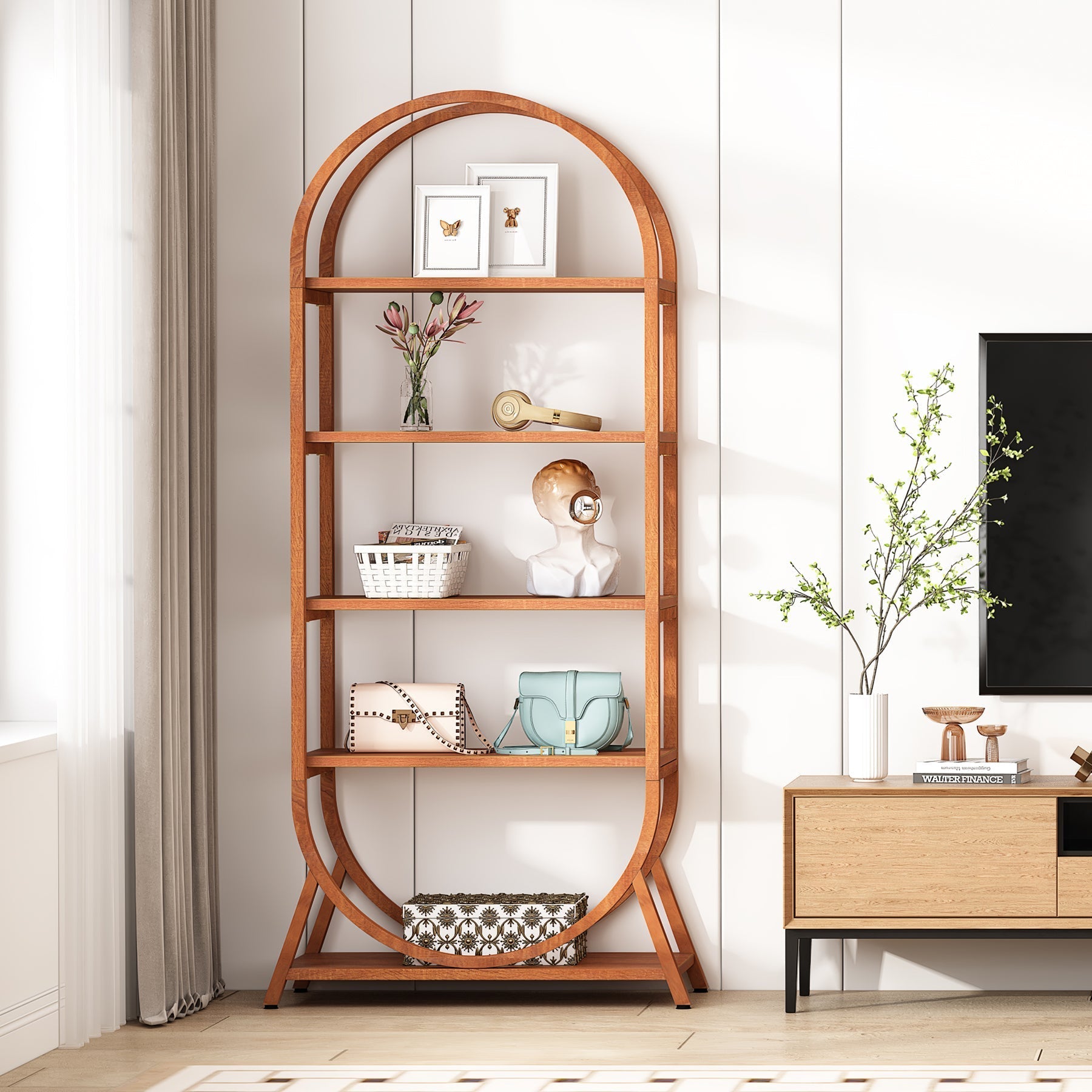 5-Tier Bookshelf, 180 cm Open Bookcase Arched Display Rack