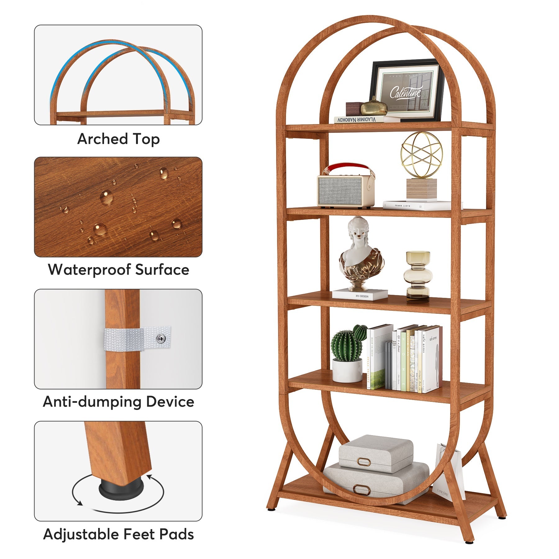 5-Tier Bookshelf, 180 cm Open Bookcase Arched Display Rack