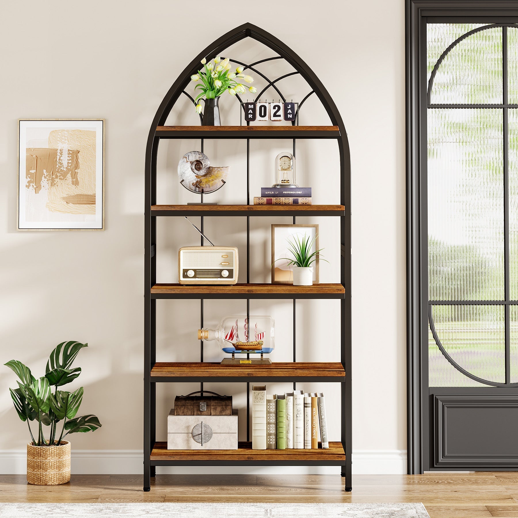 5-Tier Bookshelf, 190 cm Industrial Curved Bookcase Freestanding Display Shelf