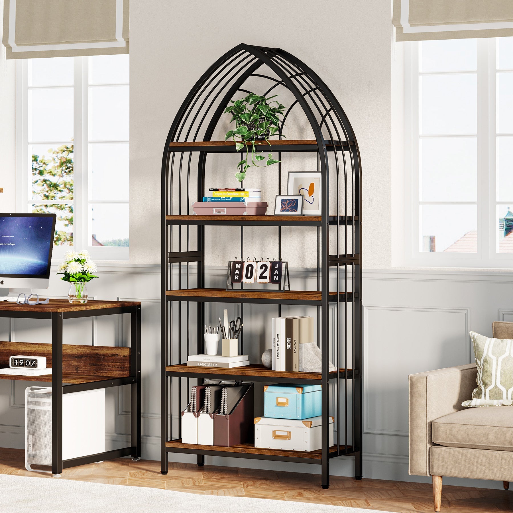 5-Tier Bookshelf, 190 cm Industrial Curved Bookcase Freestanding Display Shelf