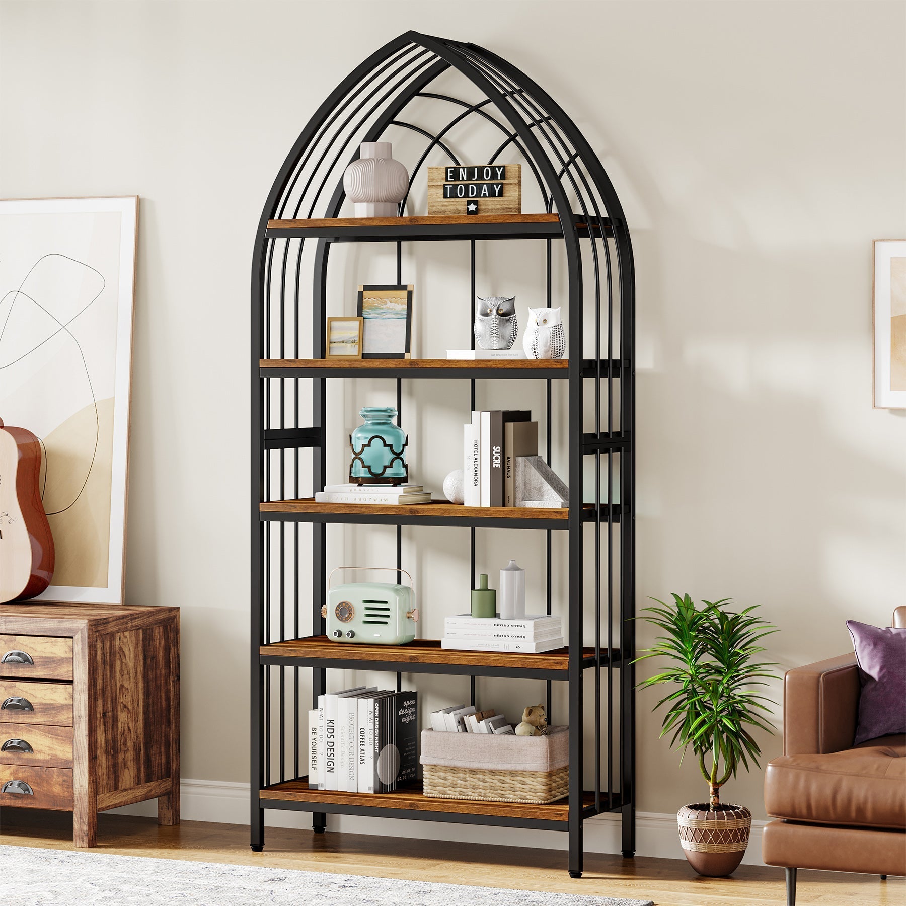 5-Tier Bookshelf, 190 cm Industrial Curved Bookcase Freestanding Display Shelf