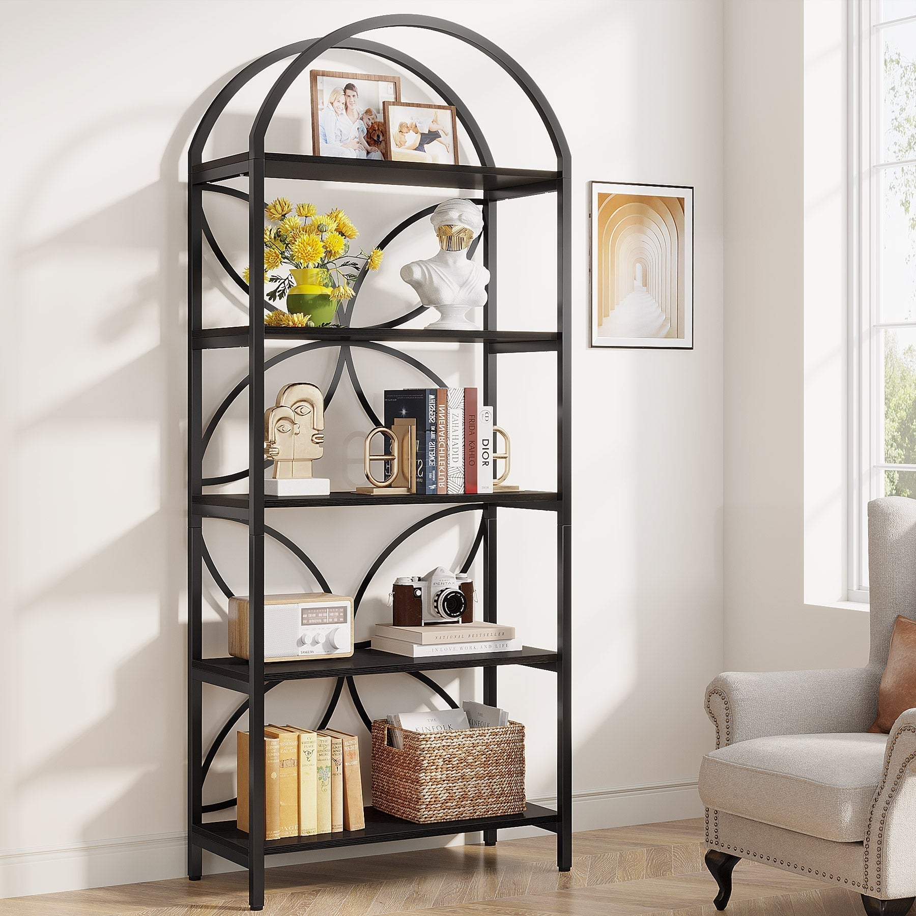 5-Tier Bookshelf, 190 cm Tall Arched Bookcase Display Rack