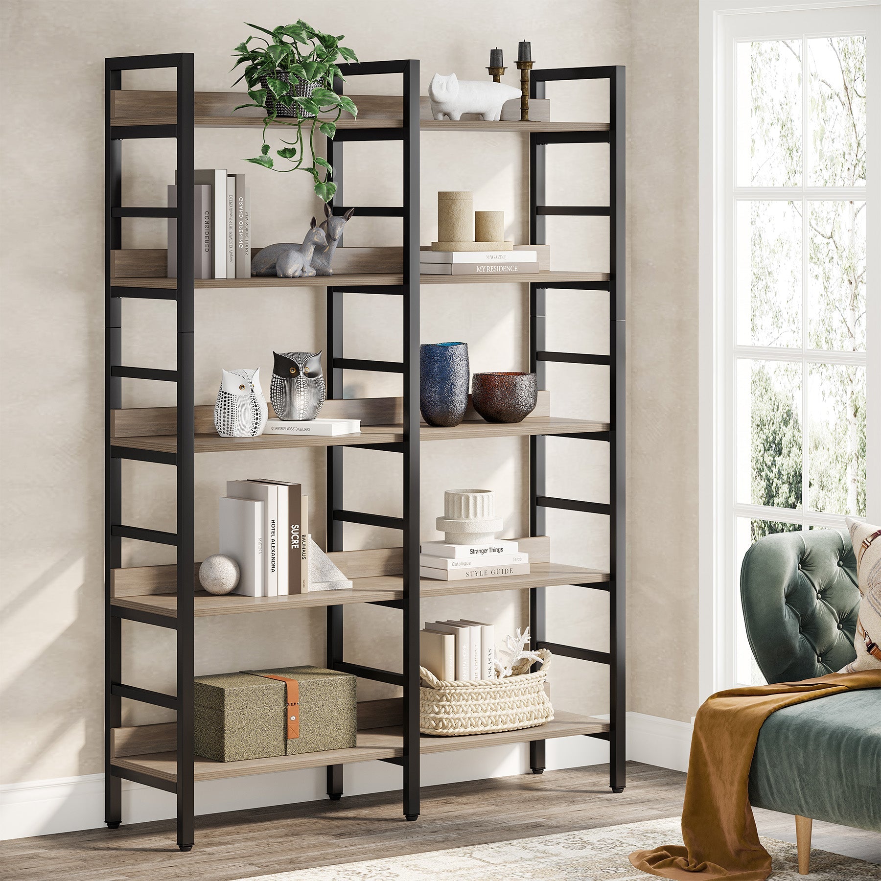 5-Tier Bookshelf, Double Wide Bookcase Storage Shelves Unit (cm)