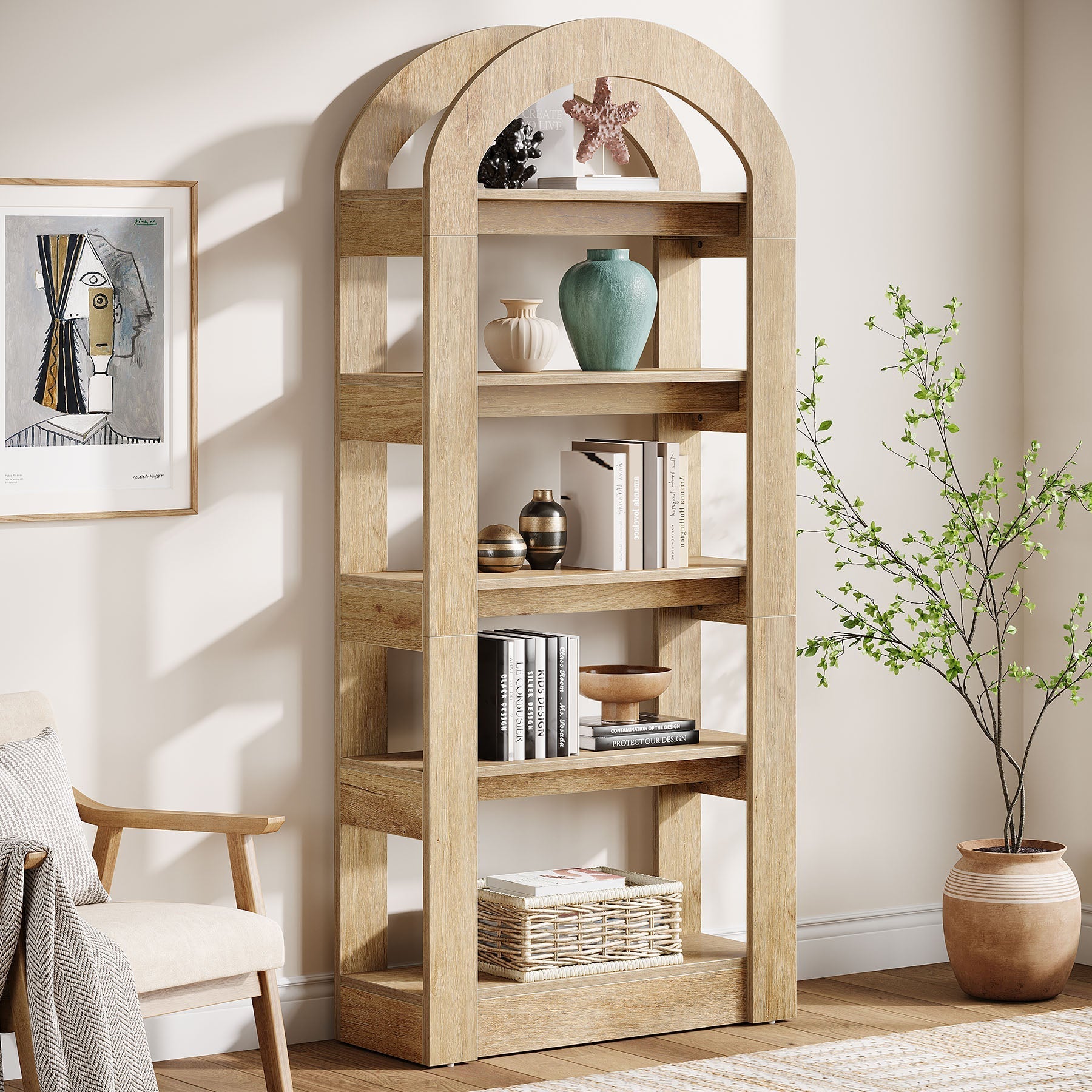 5-Tier Bookshelf, Wooden Bookcase Display Shelf with Arch-Shape (cm)