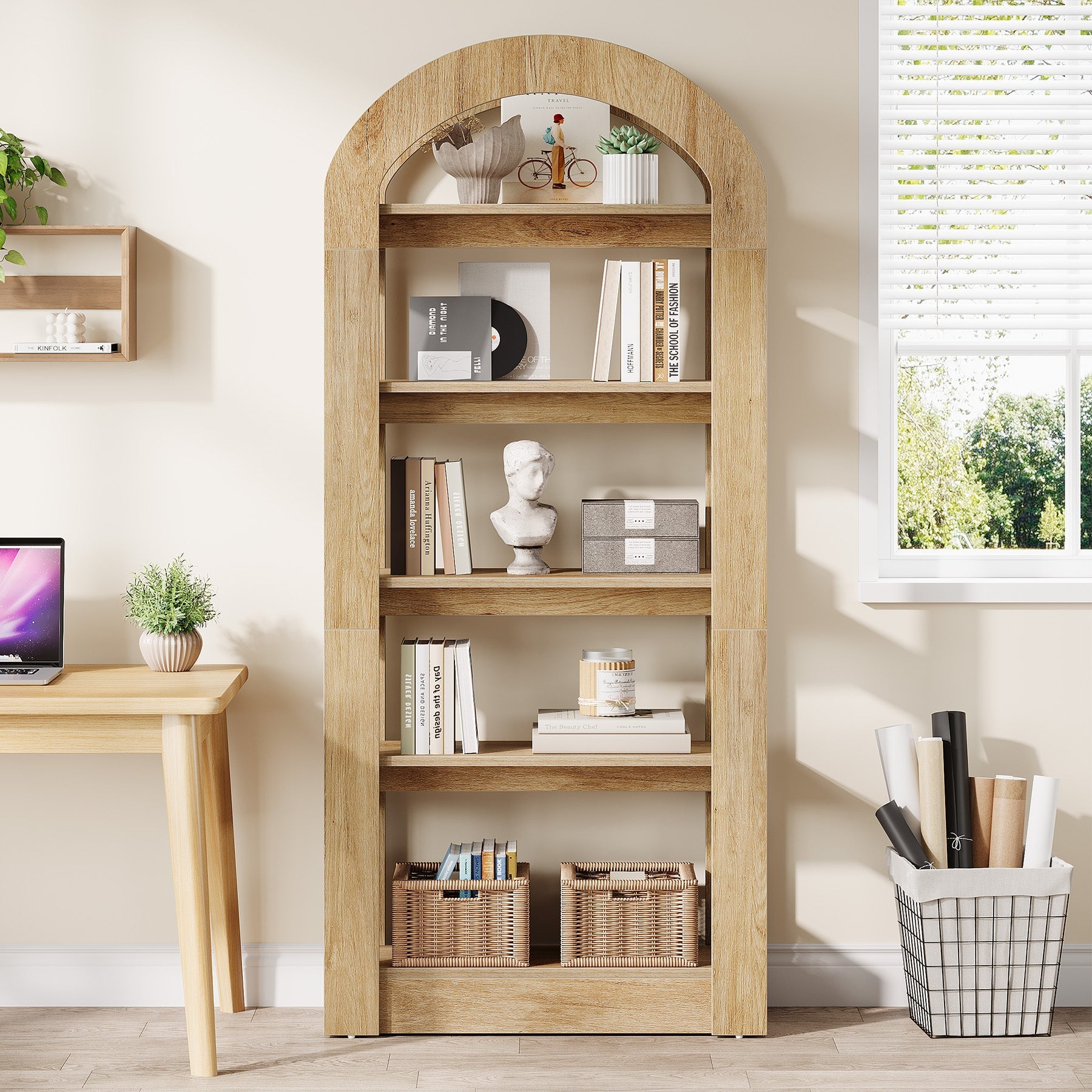 5-Tier Bookshelf, Wooden Bookcase Display Shelf with Arch-Shape (cm)