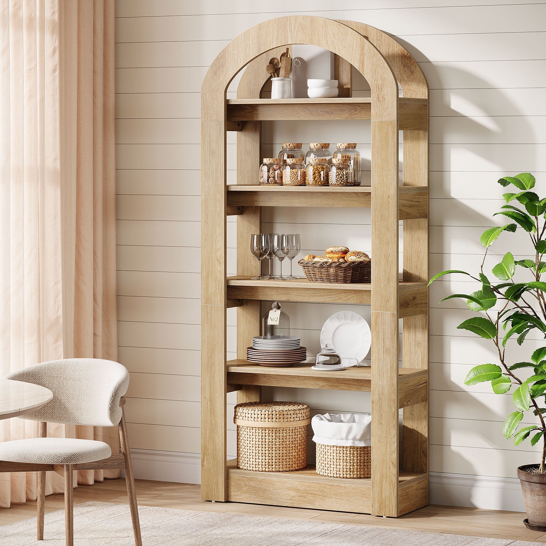 5-Tier Bookshelf, Wooden Bookcase Display Shelf with Arch-Shape (cm)