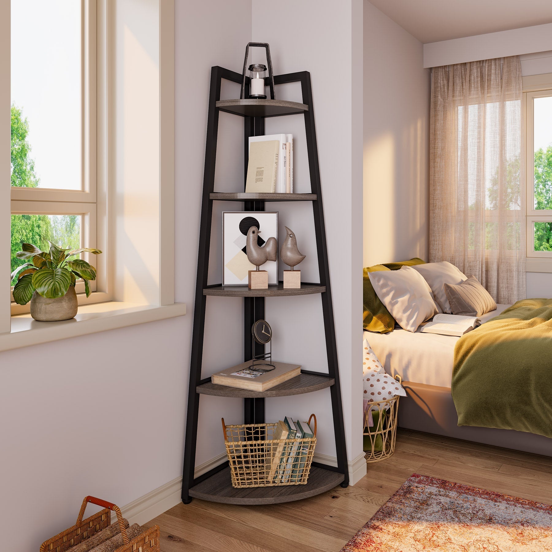 5-Tier Corner Shelf, 178 cm Tall Corner Ladder Shelf Small Bookshelf