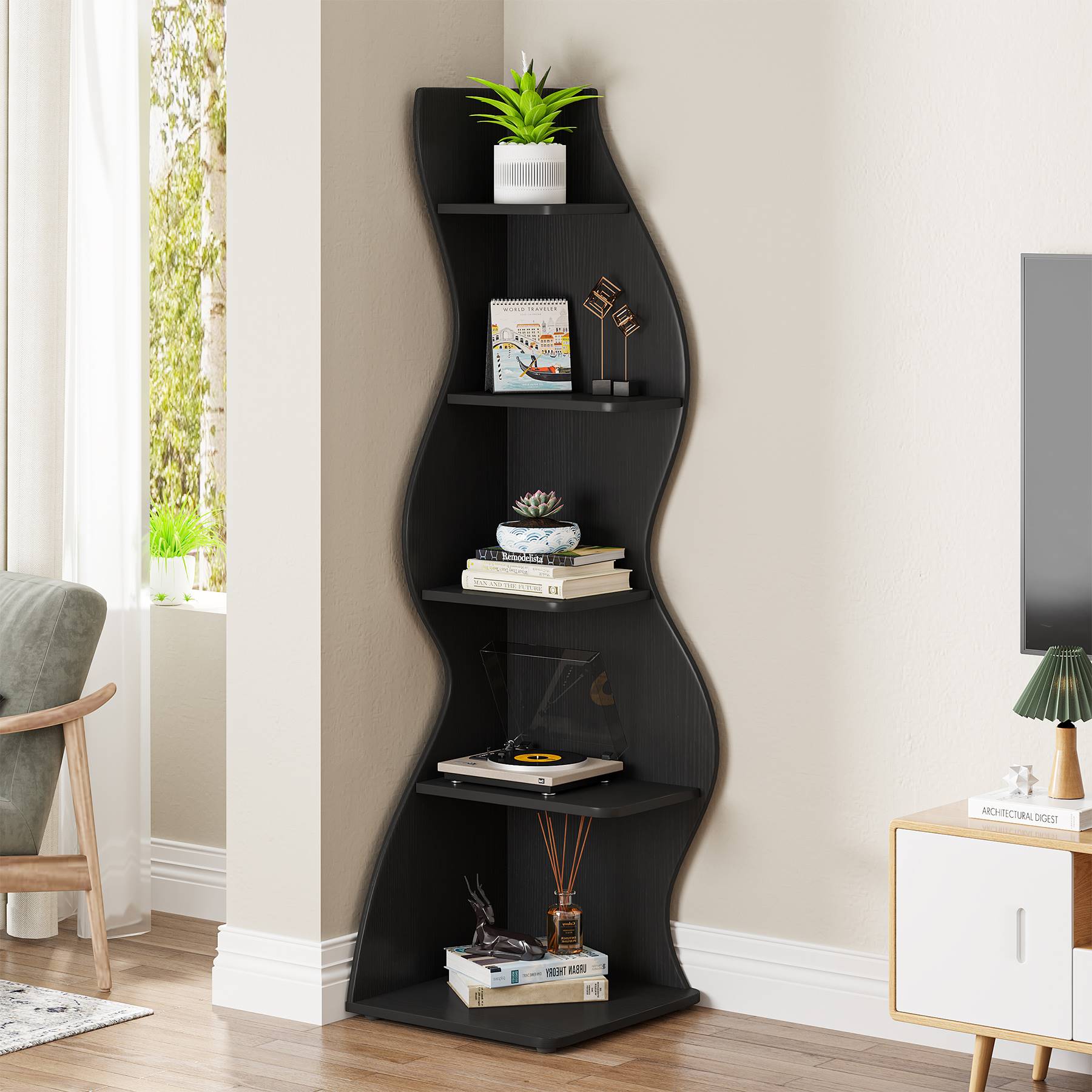 5-Tier Corner Shelf, Modern Wall Corner Bookshelf Bookcase (Converted to cm)