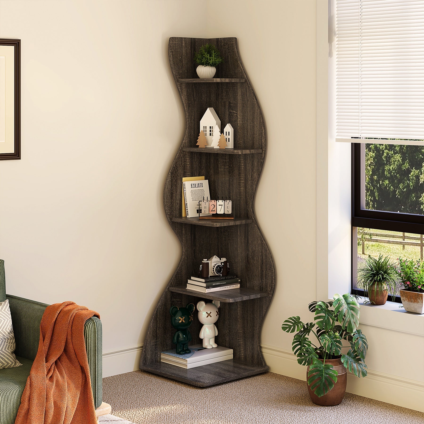 5-Tier Corner Shelf, Modern Wall Corner Bookshelf Bookcase (Converted to cm)