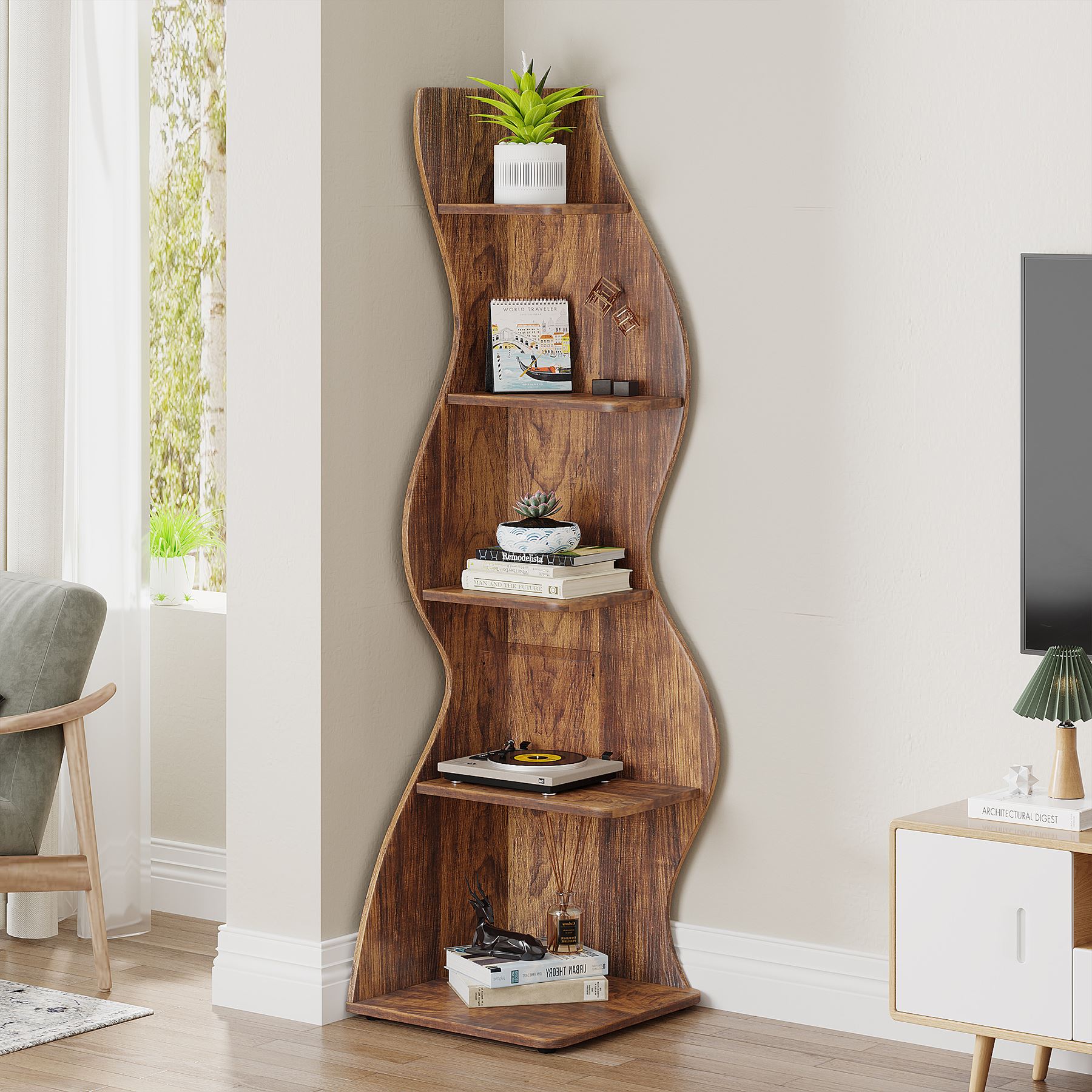 5-Tier Corner Shelf, Modern Wall Corner Bookshelf Bookcase (Converted to cm)