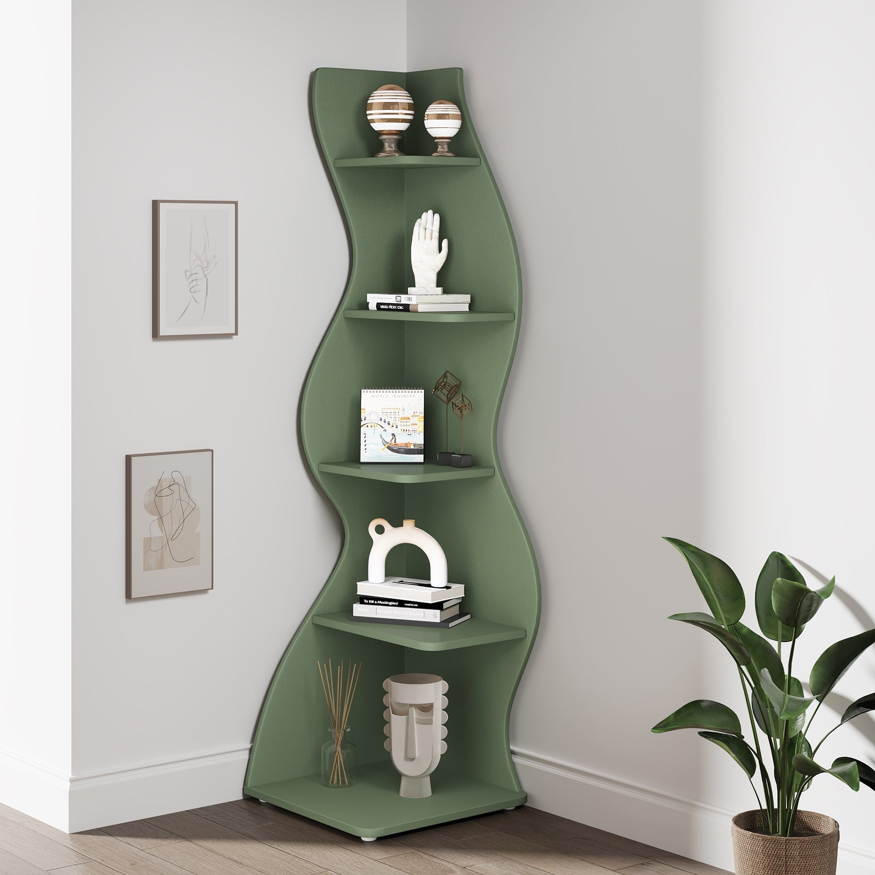 5-Tier Corner Shelf, Modern Wall Corner Bookshelf Bookcase (Converted to cm)