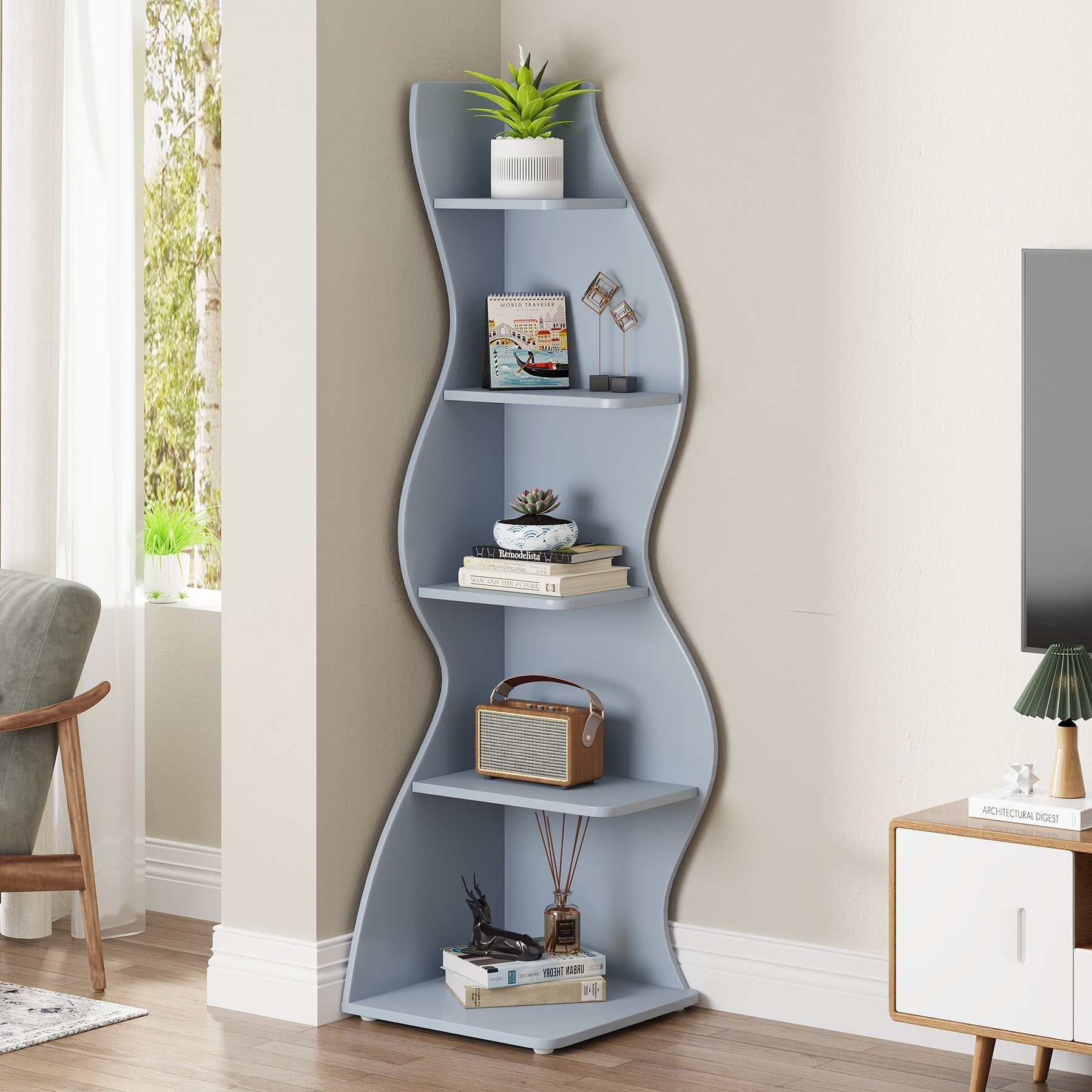 5-Tier Corner Shelf, Modern Wall Corner Bookshelf Bookcase (Converted to cm)