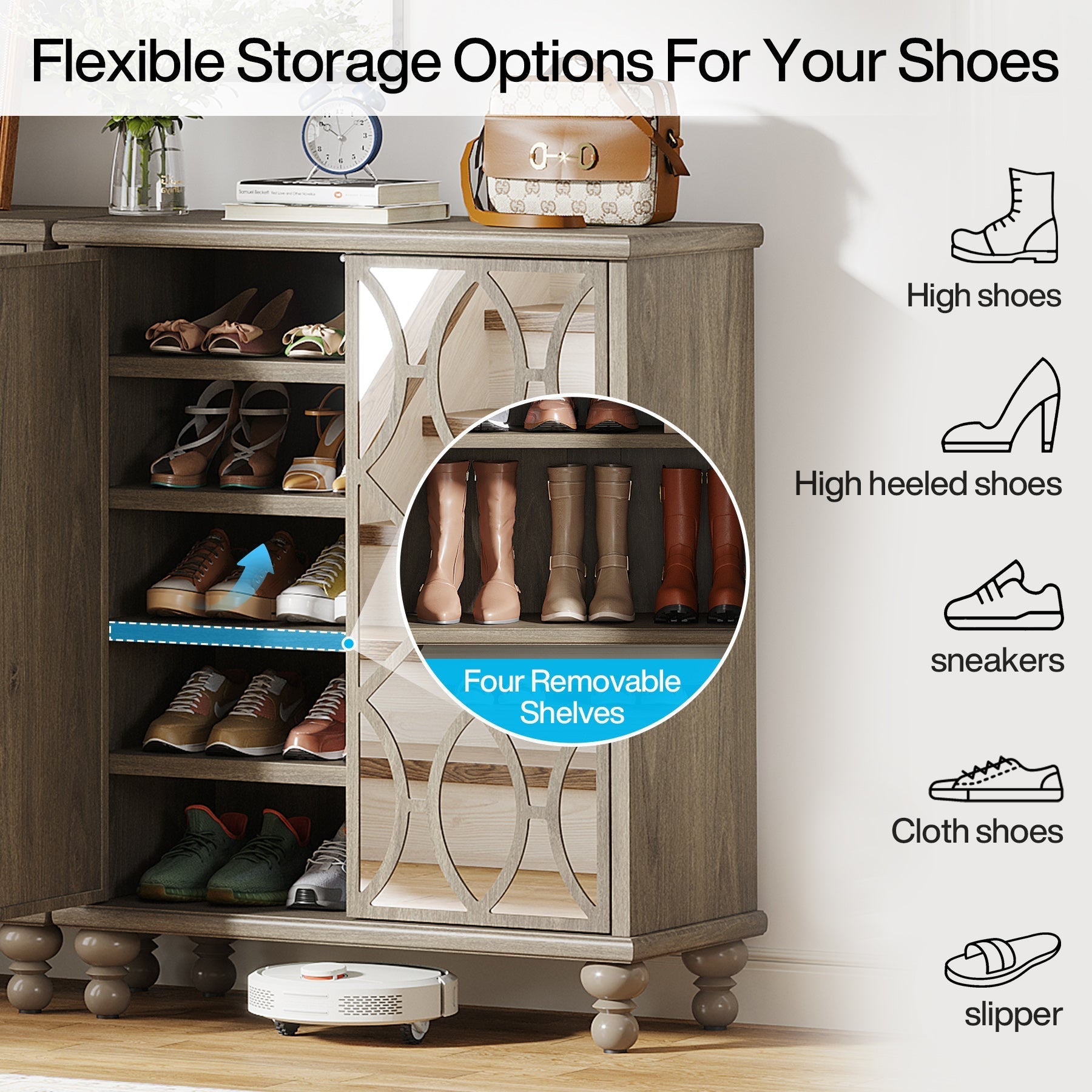 5-Tier Mirror Shoe Cabinet, Large Shoe Storage Organizer with Doors (in cm)