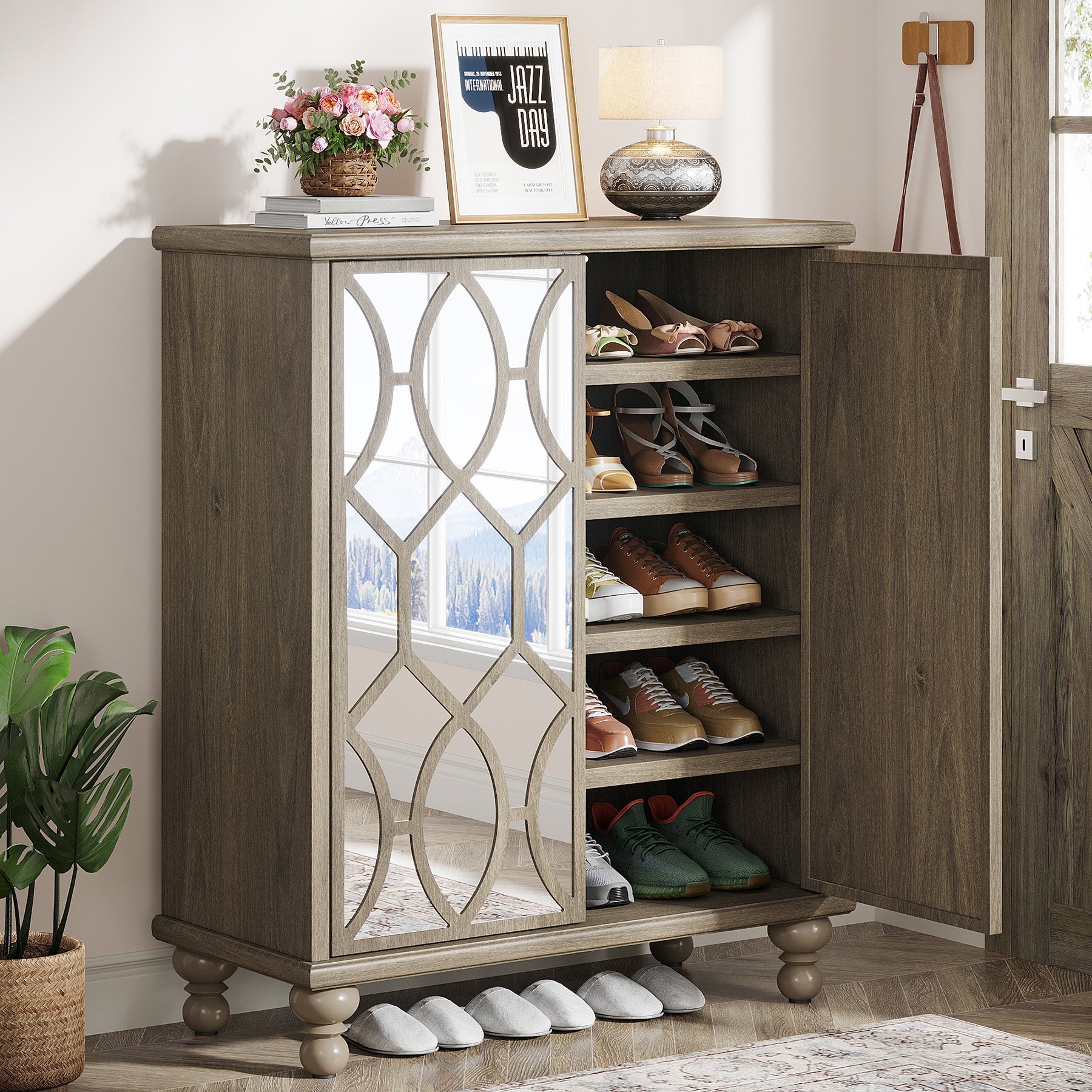 5-Tier Mirror Shoe Cabinet, Large Shoe Storage Organizer with Doors (in cm)