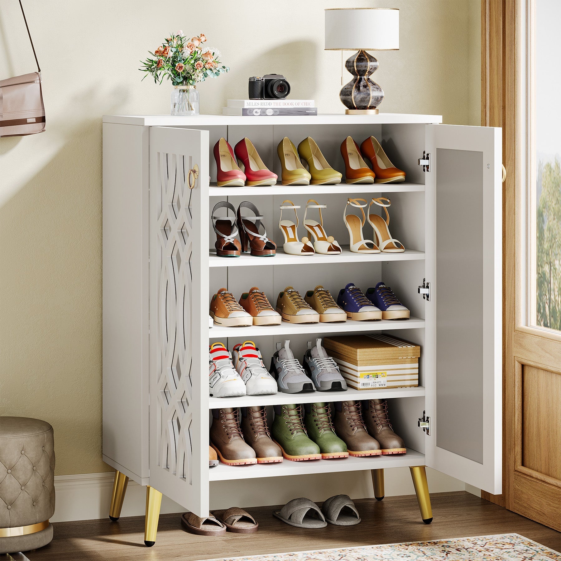 5-Tier Shoe Cabinet, 25-Pair Mirrored Shoe Rack Storage Organizer (Approx. 127 cm)