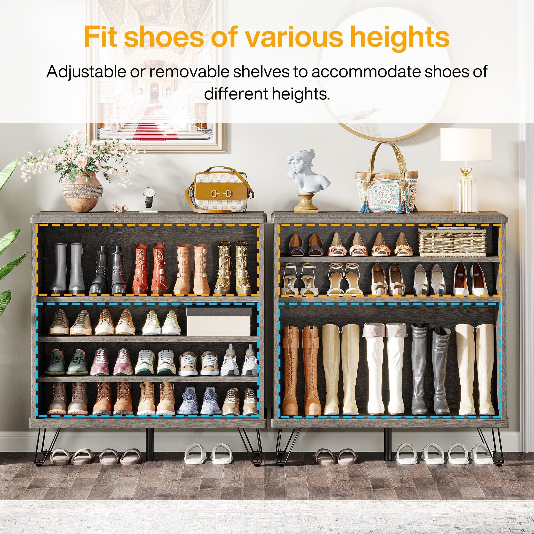 5-Tier Shoe Cabinet with Sliding Doors, Wood Shoe Organizer with Metal Legs (Approx. 127 cm)