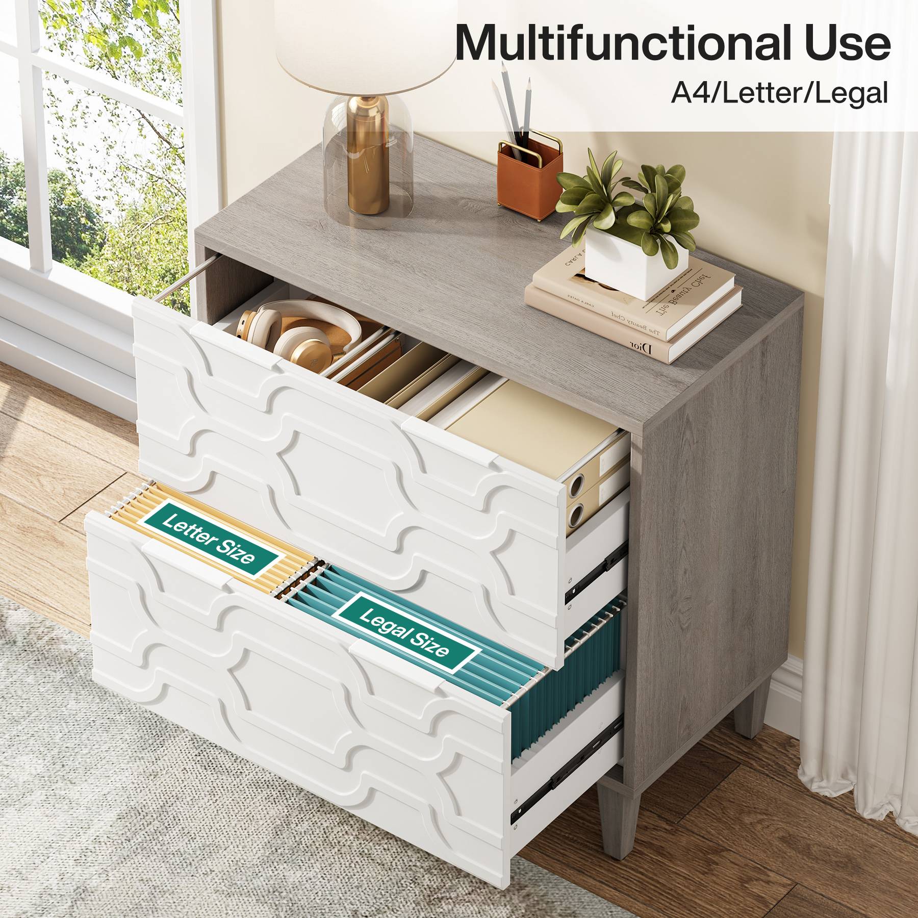 Wood File Cabinet, 2-Drawer Storage Cabinet for A4/Letter/Legal Size (cm)