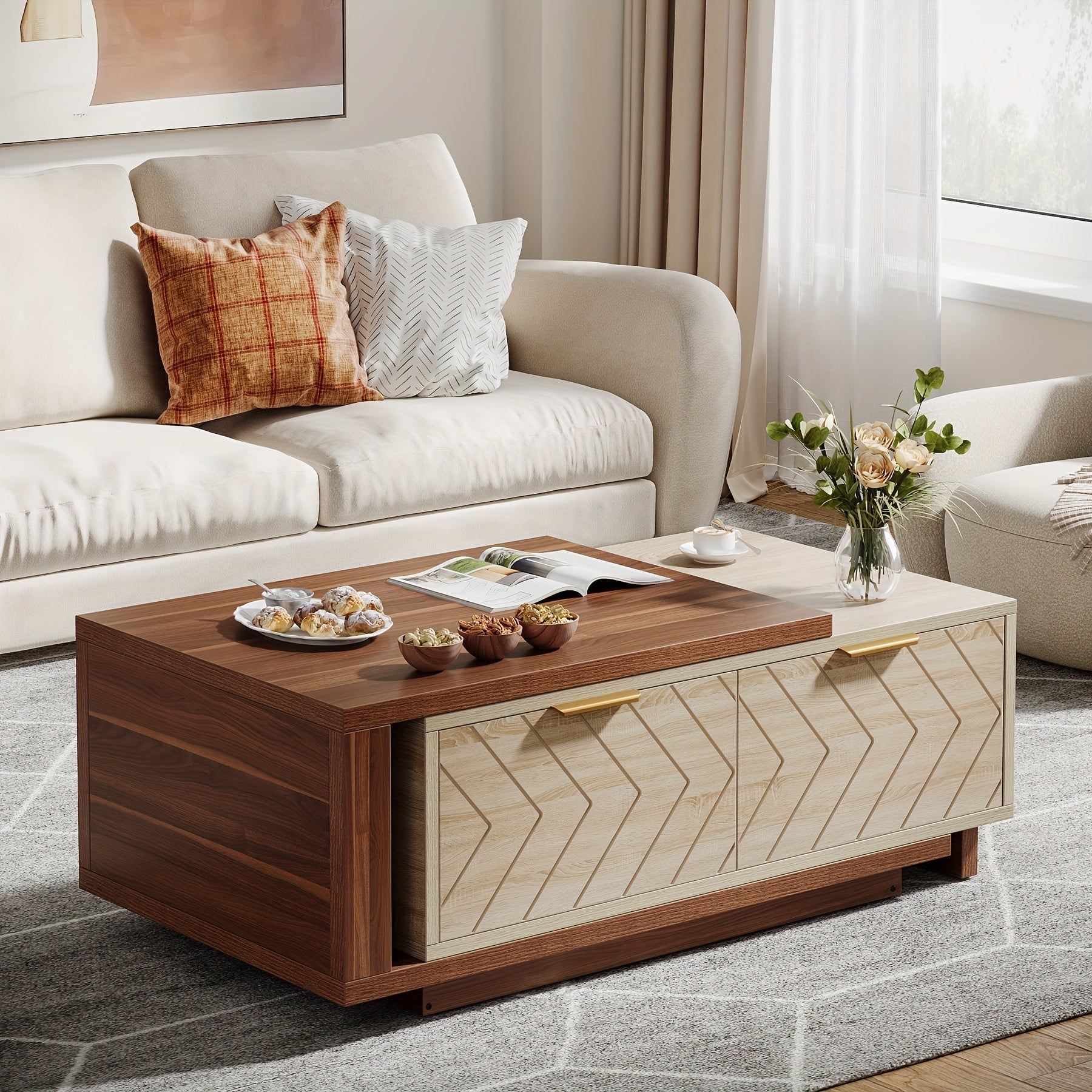 Versatile Dual-Tone Extendable Coffee Table - 106cm Adjustable, Reversible Wood Centerpiece with Spacious Storage Drawers for Living Room